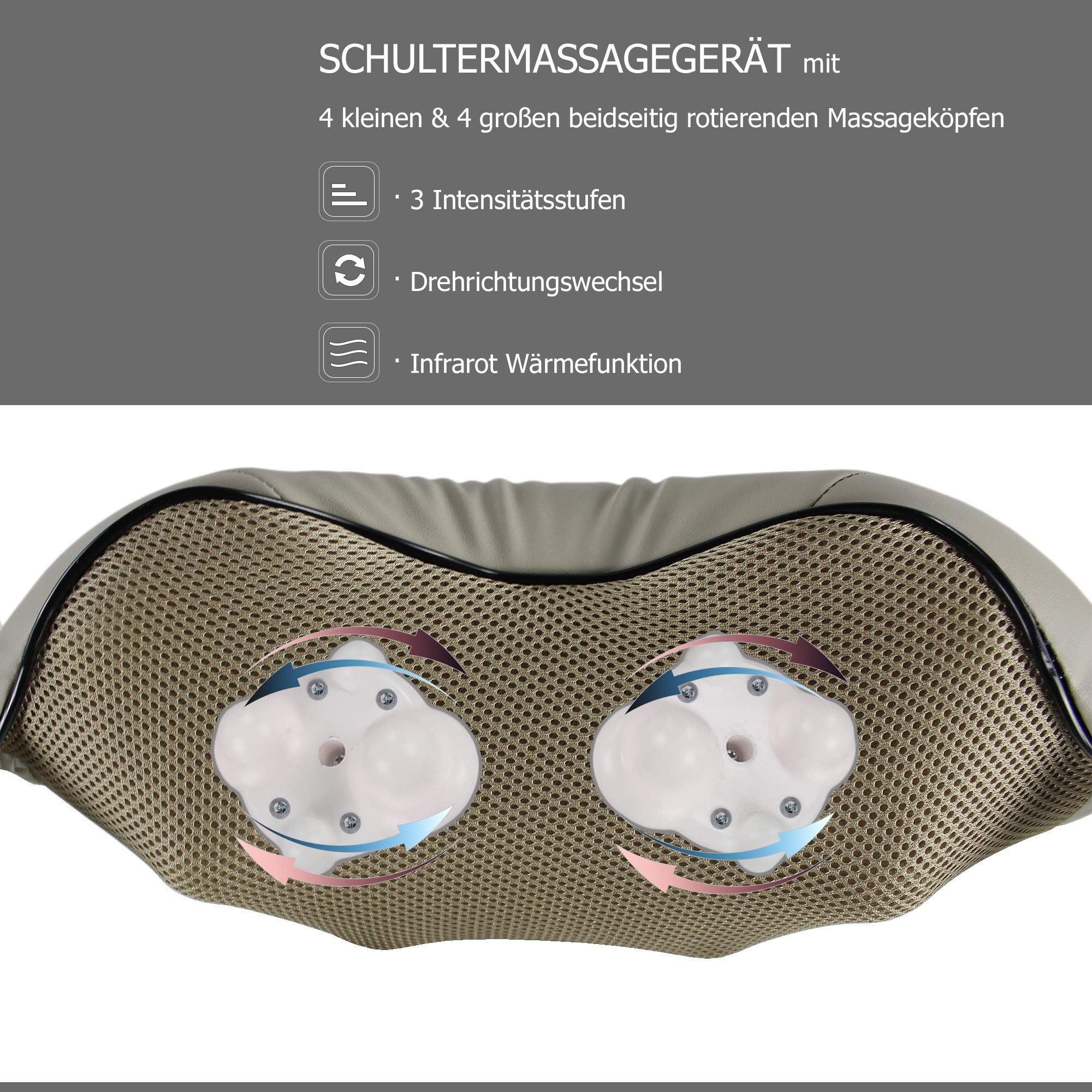 Shiatsu Massagegerät mit Wärmefunktion für Nacken, Schulter und Rücken – Knet- und Rollen-Massage mit 8 Massageköpfen und IR-Wärme zur Entspanung