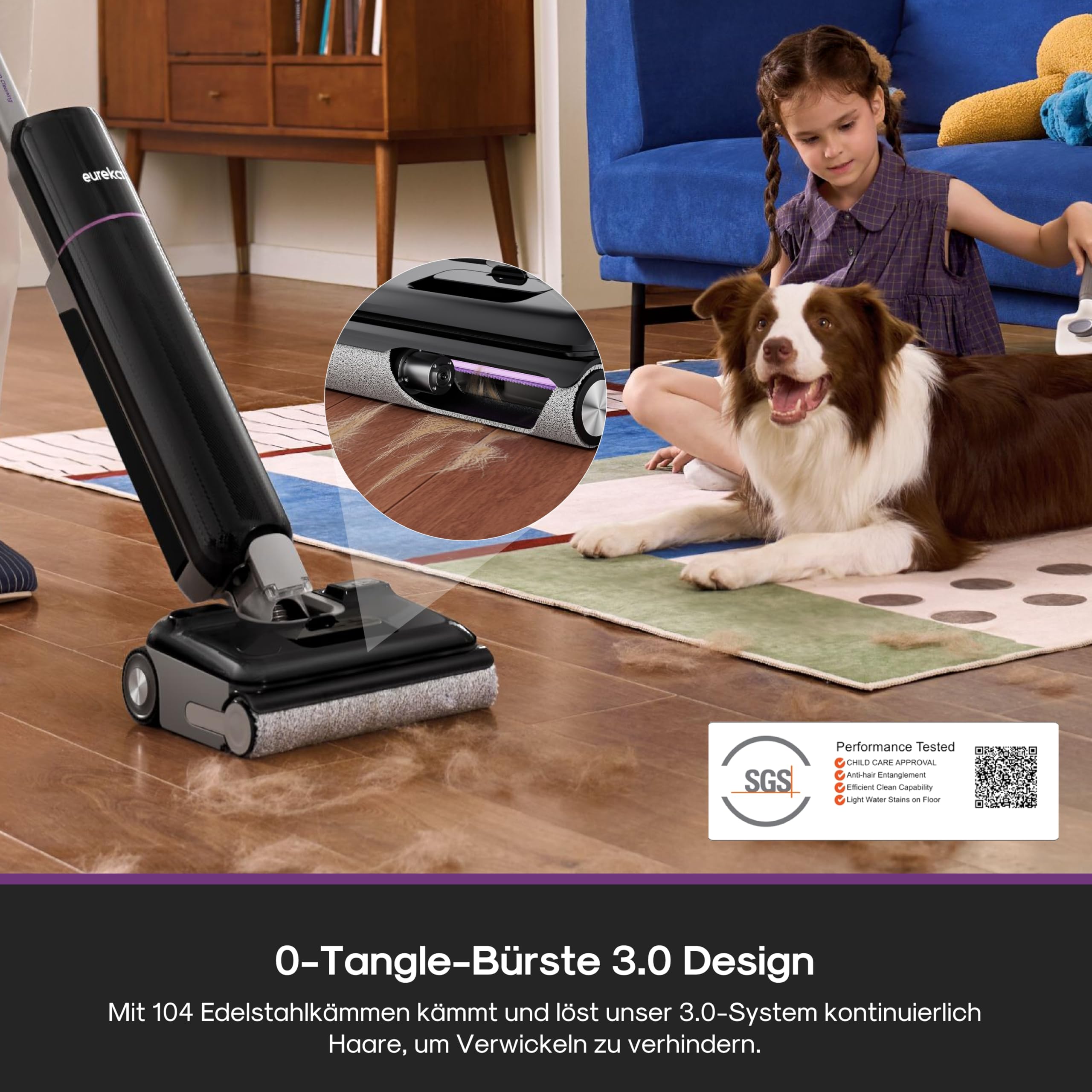 Eureka FloorShine 880 Nass Trockensauger Akku, 24 kPa Kabelloser Staubsauger mit Wischfunktion, 100°C Selbstreinigung, 5-Min-Trocknung, Anti-Tangle, 3-seitig Kantenreinigung, 180° Flach Saugwischer