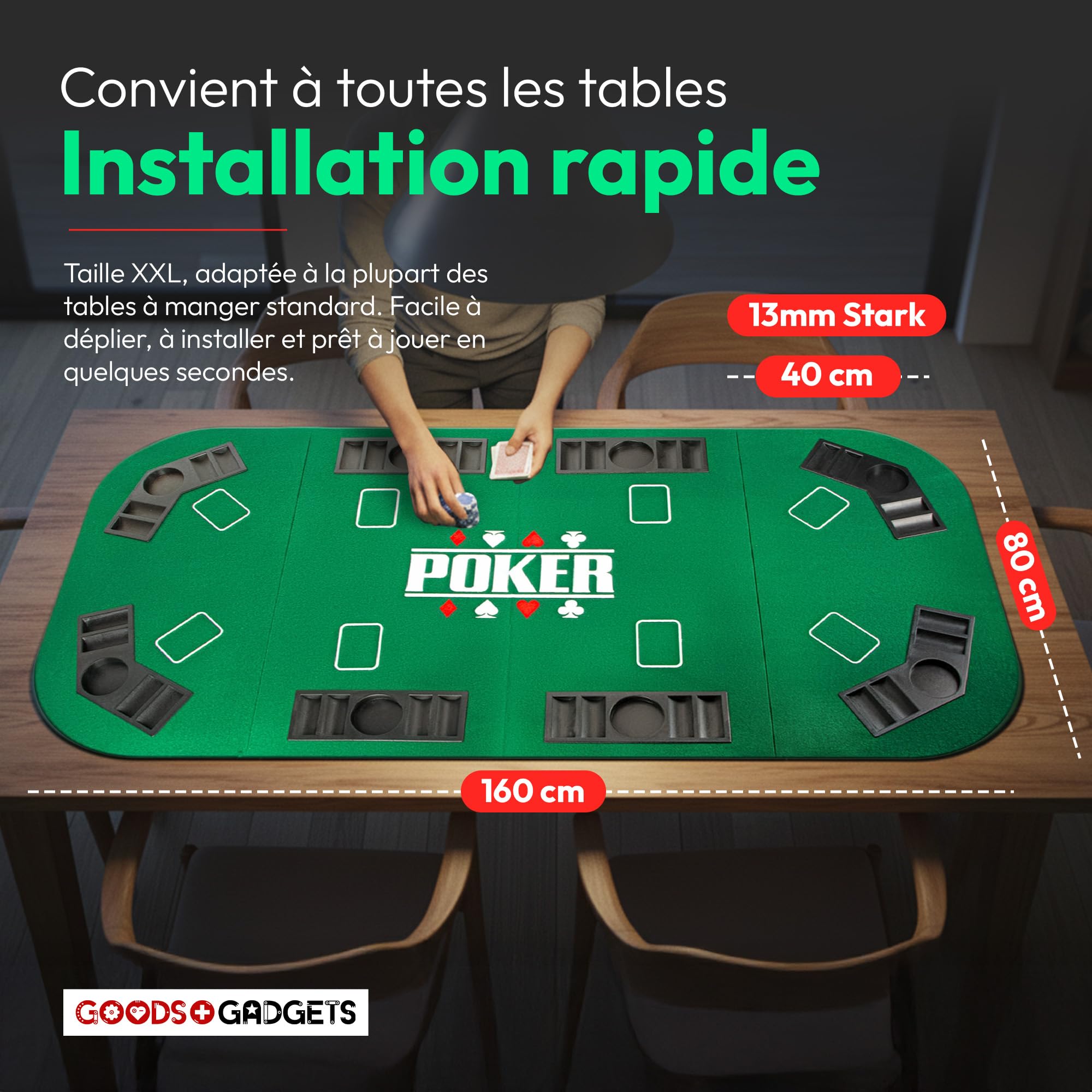 GOODS+GADGETS® Tapis de Poker XXL 160x80 cm Pliable - 8 Joueurs | Tapis de table poker en feutre haute qualité - porte-gobelets intégrés - Texas Hold'em - pliable 80x40 cm