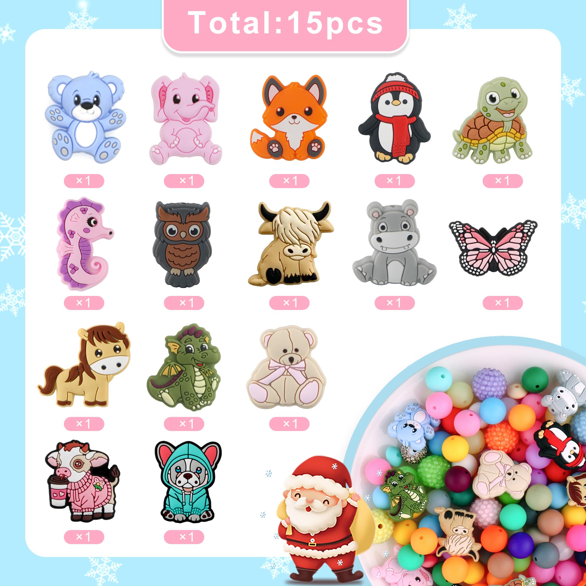 12PCS Cats Silicone Focal Beads - Gray & Pink Animal Beads For DIY Keychains & Pens