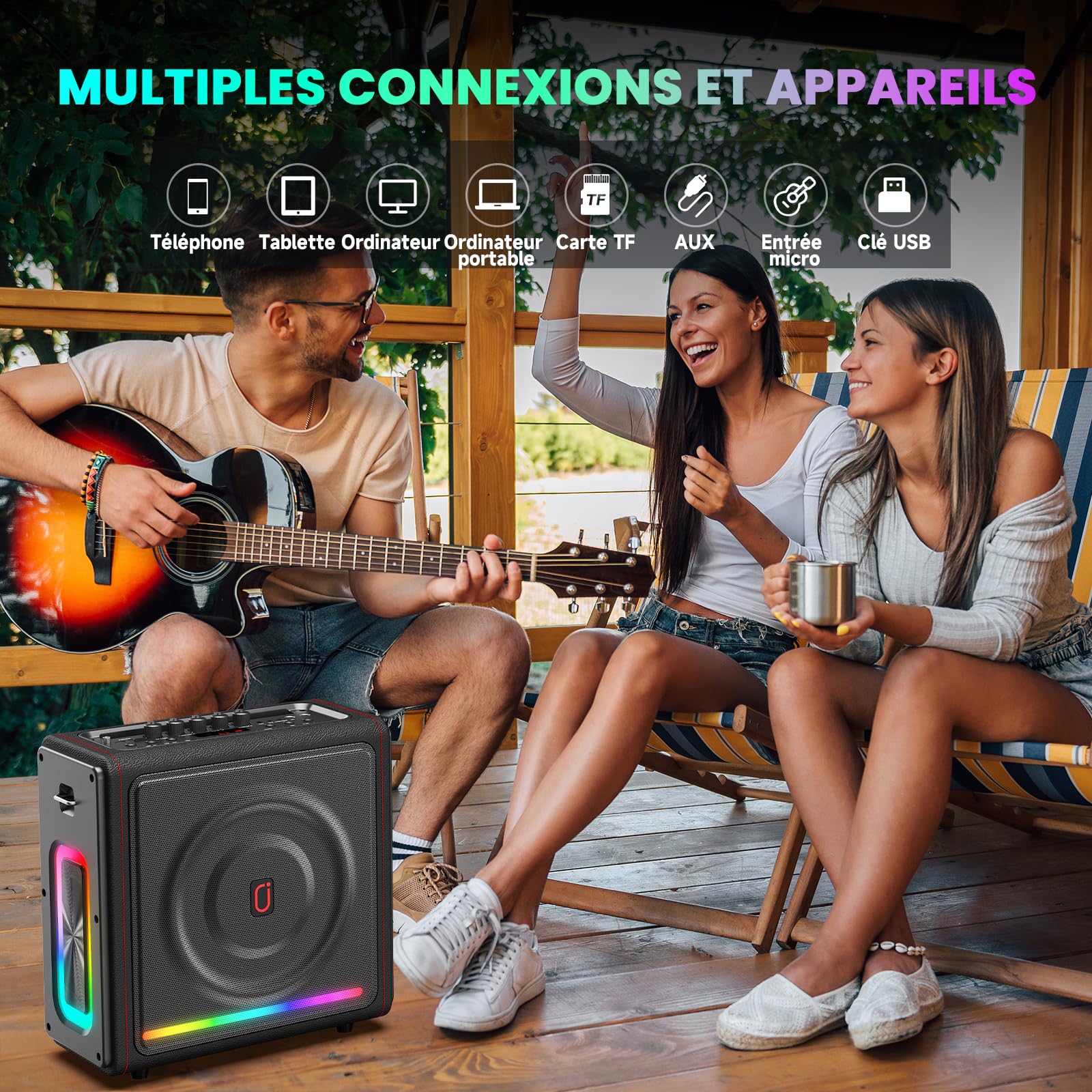 HWWR Machine Karaoke avec 2 Micros sans Fil, Kit karaoké Complet avec LED, 300W Puissance, Autonomie 36h, pour Adulte et Enfants, Système PA Prend en Charge TF/USB, FM, Enregistrement, AUX in et TWS