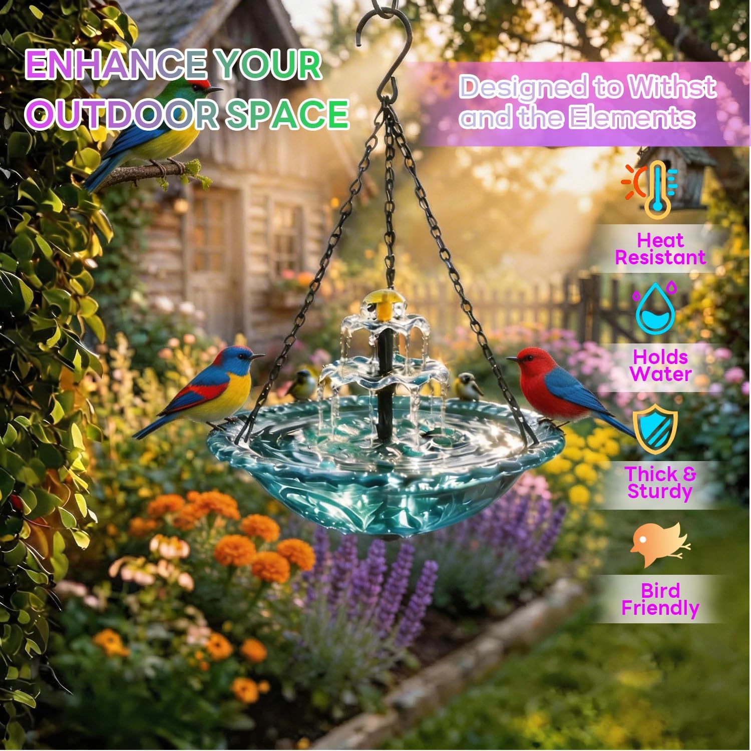 Hanging Solar Bird Bath Fountain – Large Glass Bowl with Cascade Water Flow, Solar Powered Hummingbird Bath & Outdoor Garden Fountain with Built-in Pump Pink