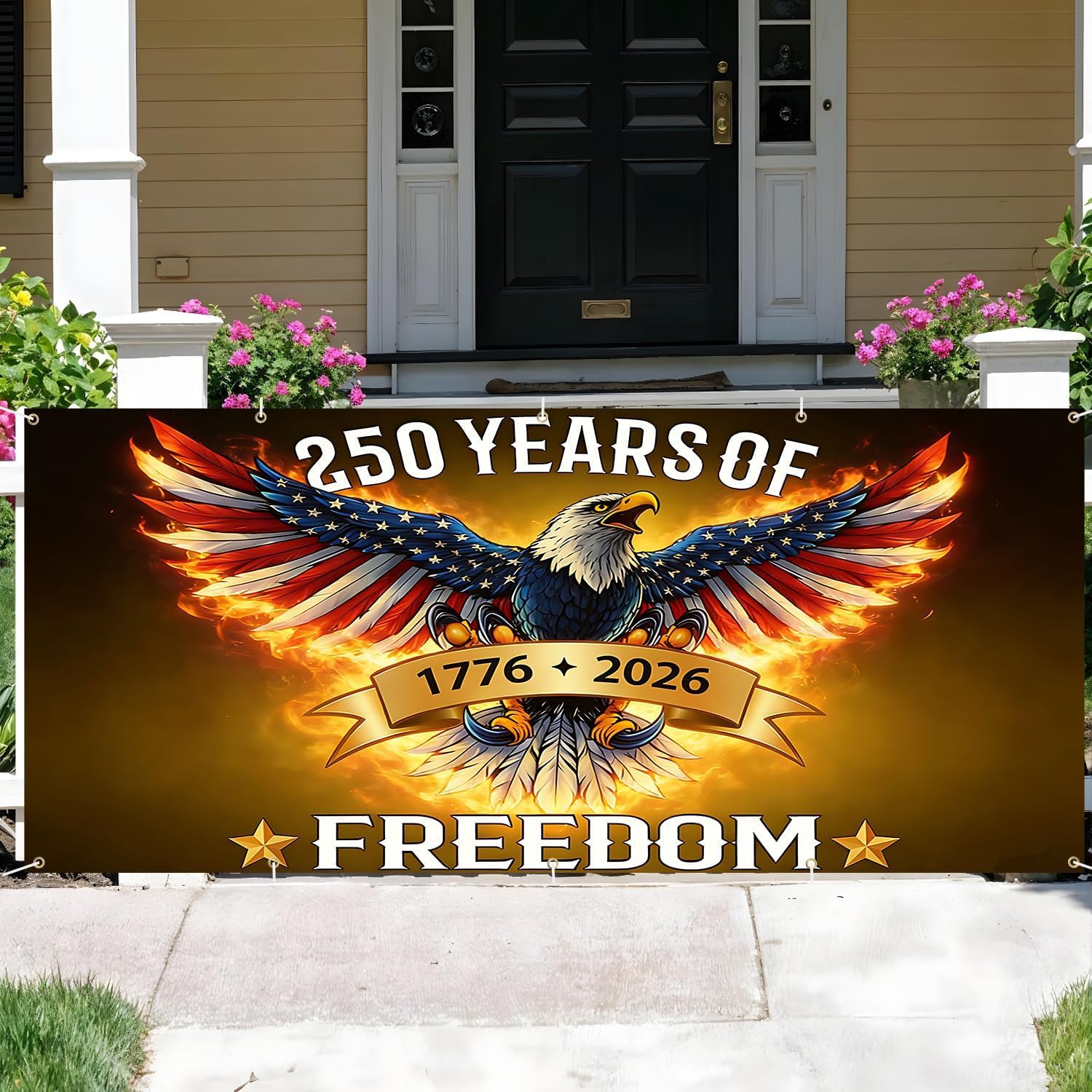 16x7FT 250 Years of Freedom Garage Door Banner, Ameri-ca Eagle with Fire Wings Design 1776–2026, Extra Large Patriotic Outdoor Garage Door Cover for Independence Day Decor