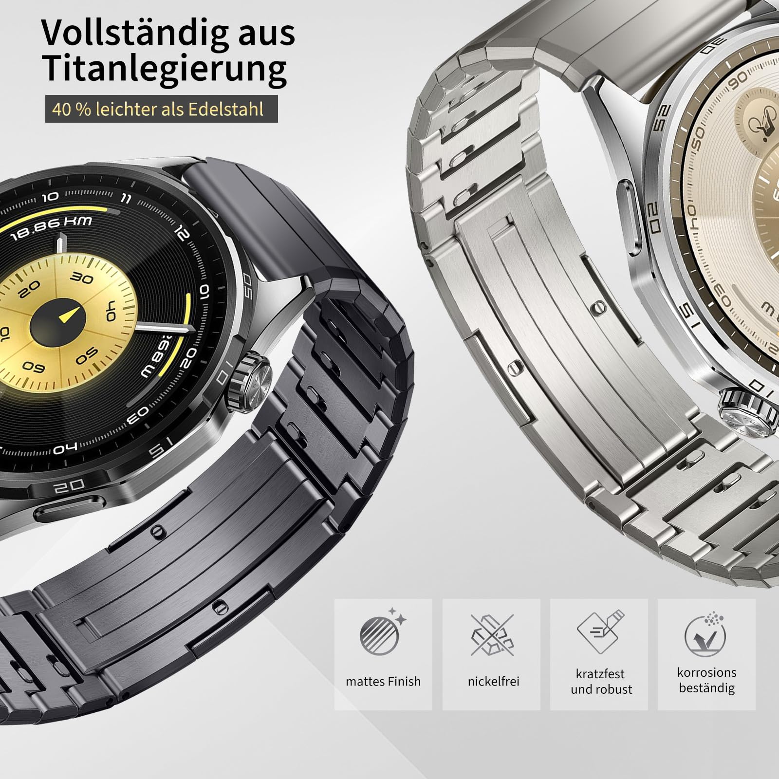 Titan Link Uhrband Kompatibel mit Huawei Watch GT 6 Pro Armband Metall GT 7 GT6 GT5 GT4 GT3 46mm Ultimate 22mm Metallarmband für GTR 4, Bip 6, Venu 2/3 / 4 45mm, Vivoactive 4 Band