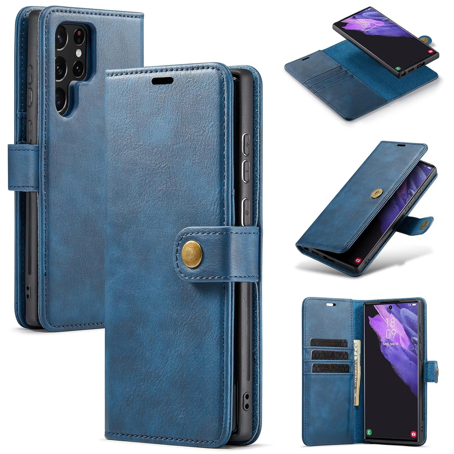 Scalebee BackCover for Samsung Galaxy S23 Ultra Magnetic Detachable 2 in 1 Split Leather Wallet Phone Cover,Genuine Leather Wallet Case,Magnetic Pouch Shell (Blue)