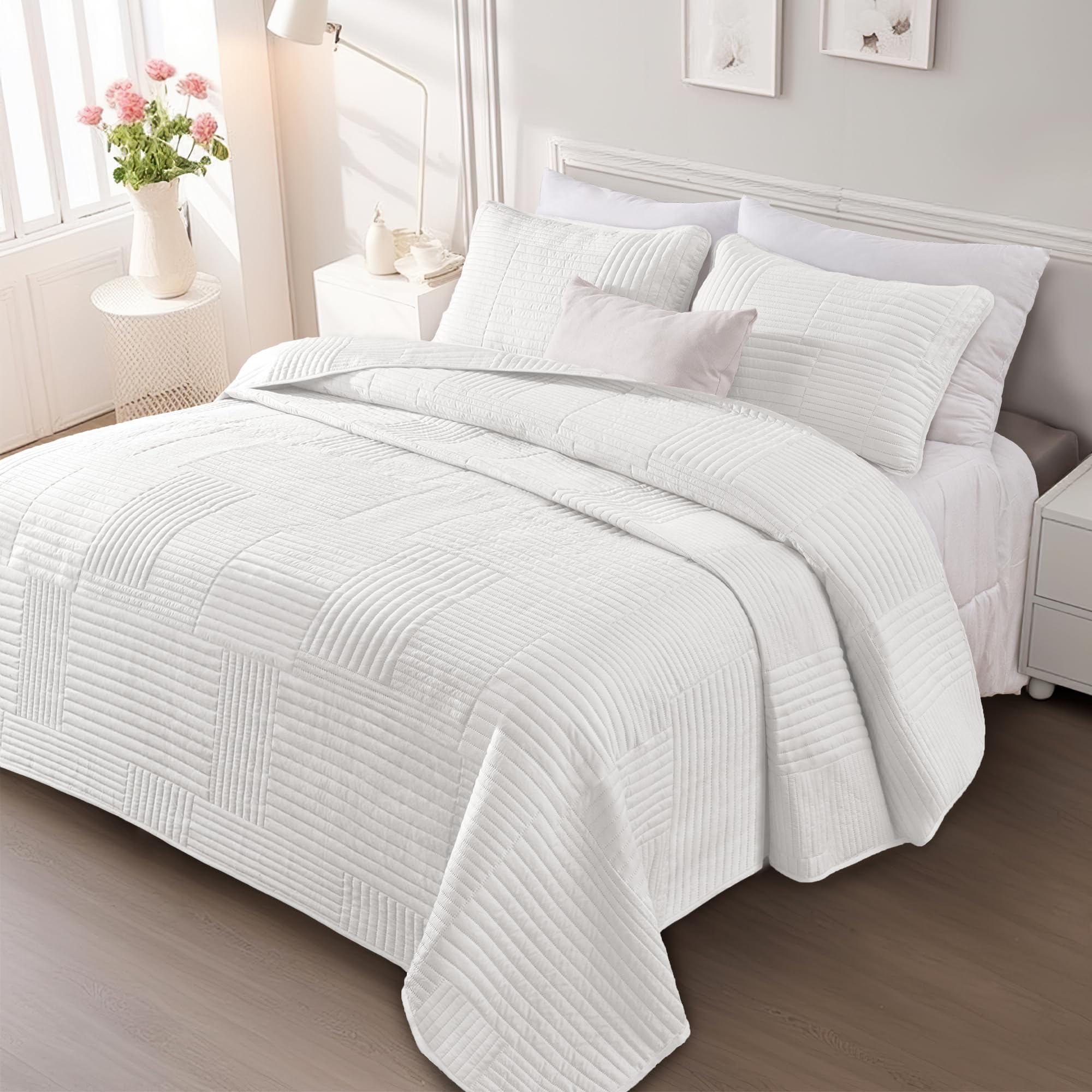 Whale Flotilla Quilted Bedspreads 3 Piece Queen Size Stripe Bedding Set, White, Full/Queen (220×240CM) - Image 8