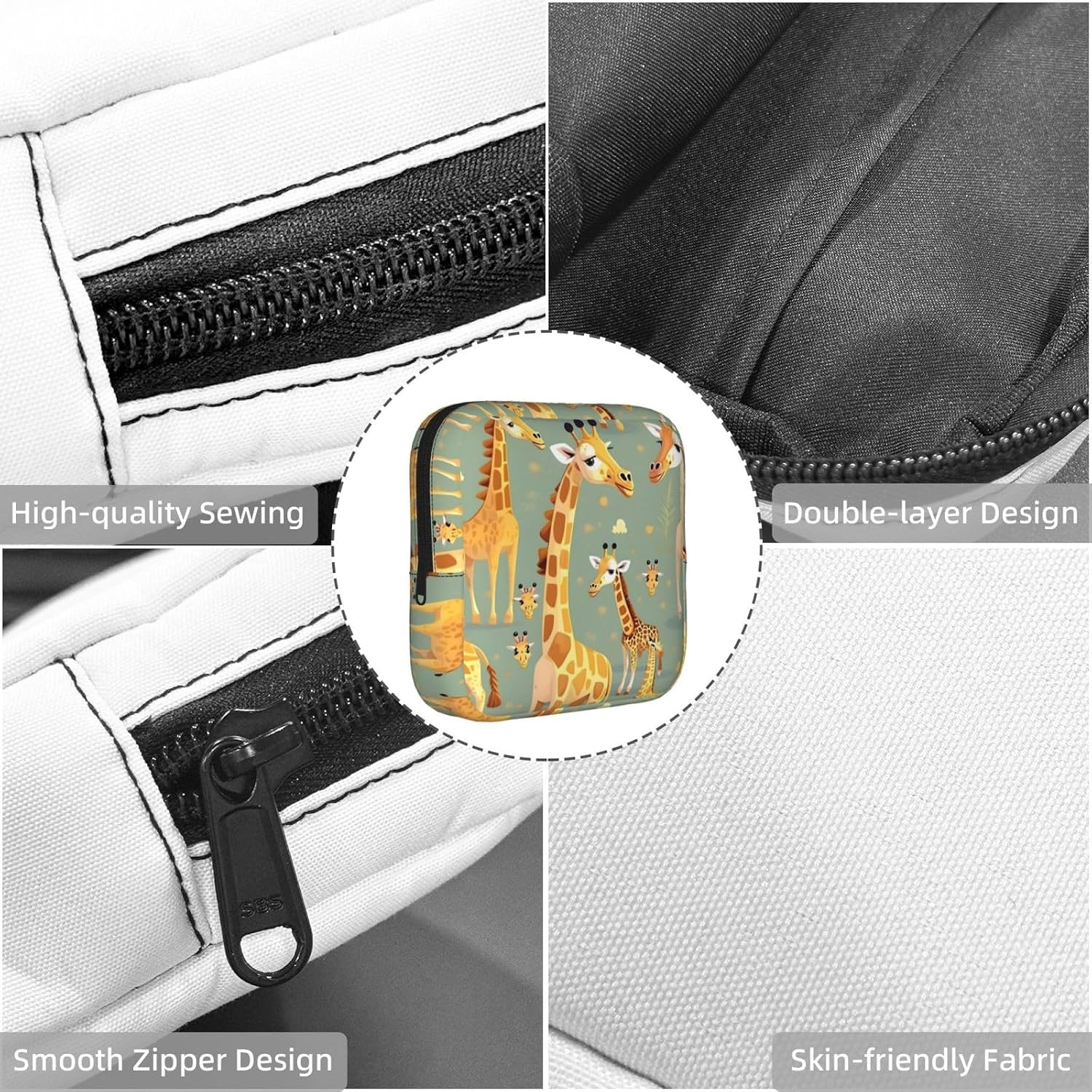 Cute Wild Cartoon Giraffes Print Women Period Bag Sanitary Pouch Portable Pad Pouch Tampon Holder Small Zipper Pouch Storage Bag