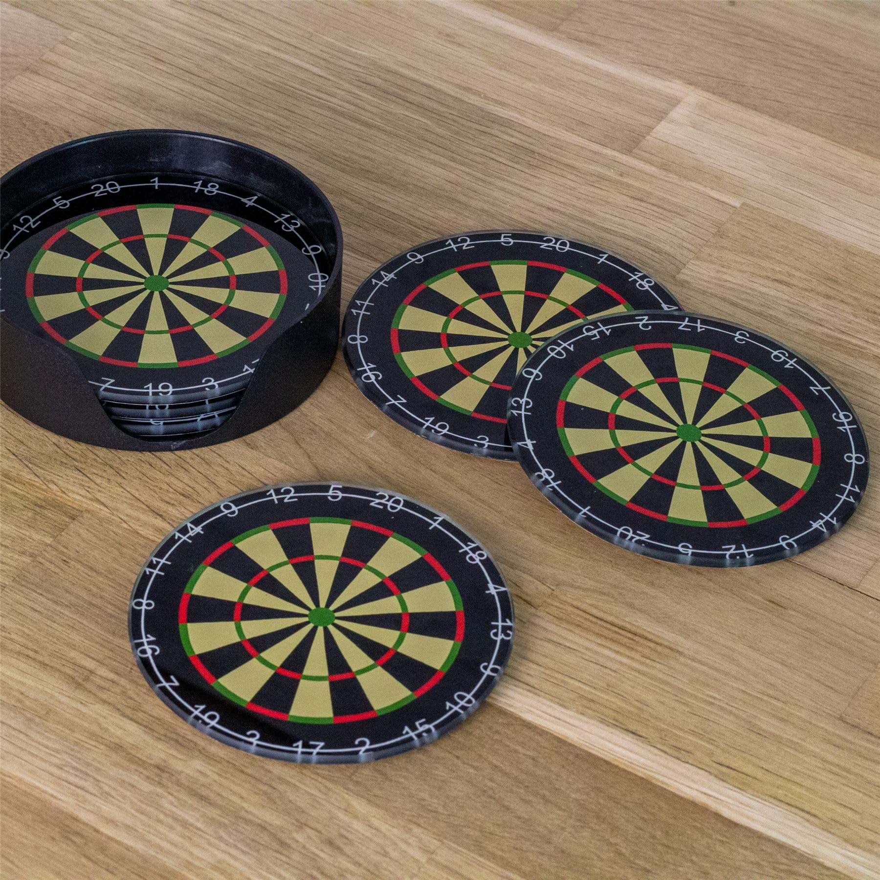 Carousel Home Black Set Of 6 Glass Dartboard Coasters With Holder | Round Dart Board Drinks Coaster Set | Beer Mats For Home Bar Novelty Coasters - Darts Gift