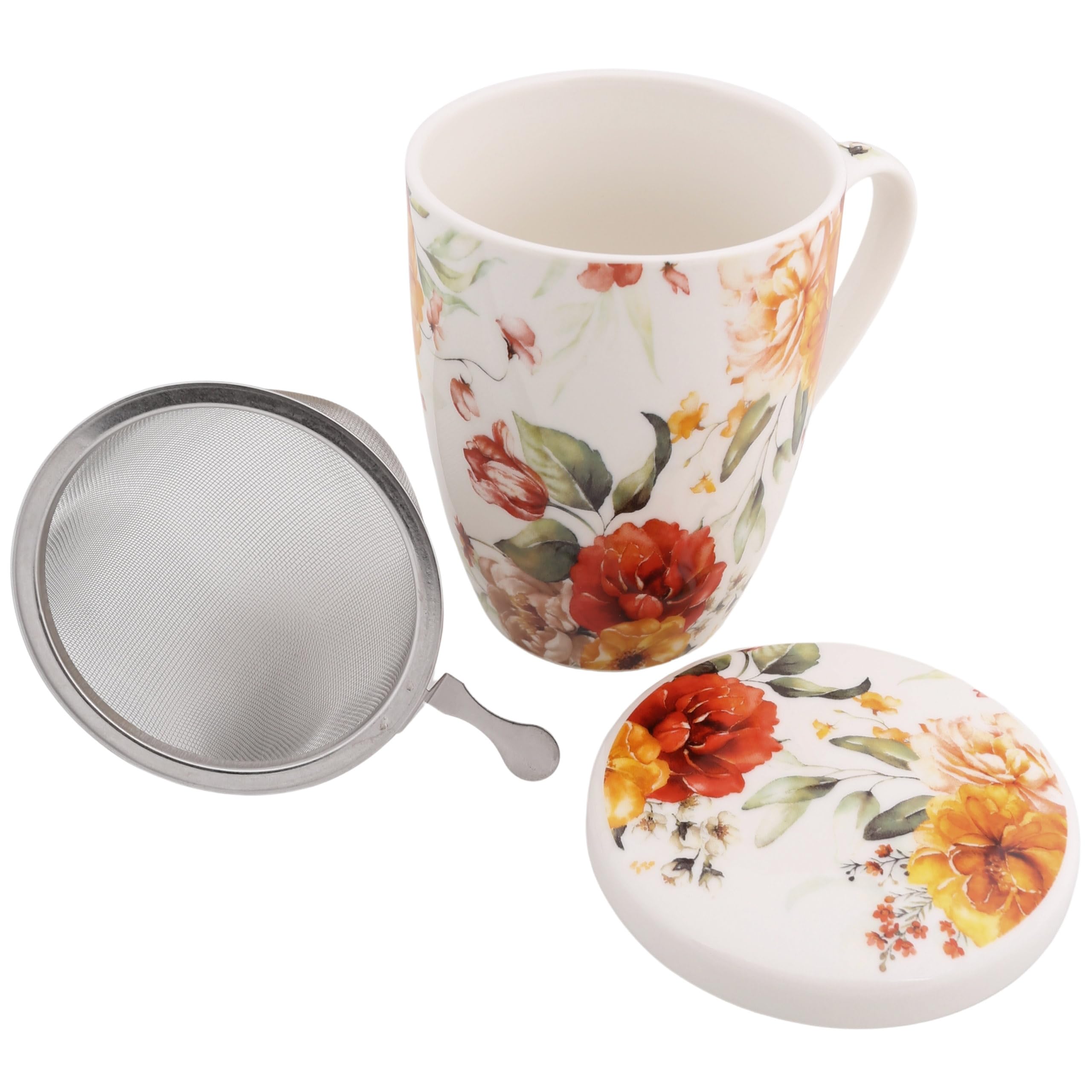 Zestaw do herbaty: Porcelanowy kubek z zaparzaczem i pokrywką do ziół - zapakowany w pudełku na prezent 340 ml (I)