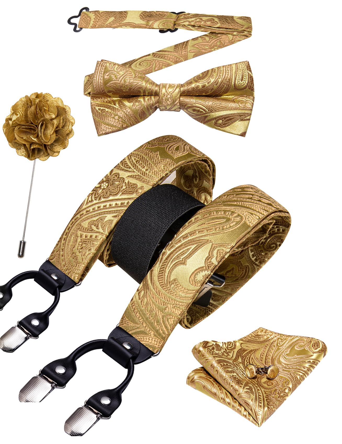 Barry.Wang Suspenders and Bow Tie Set for Men Solid Paisley Bowtie Y Shape Brace Handkerchief Cufflinks 6 Strong Clips