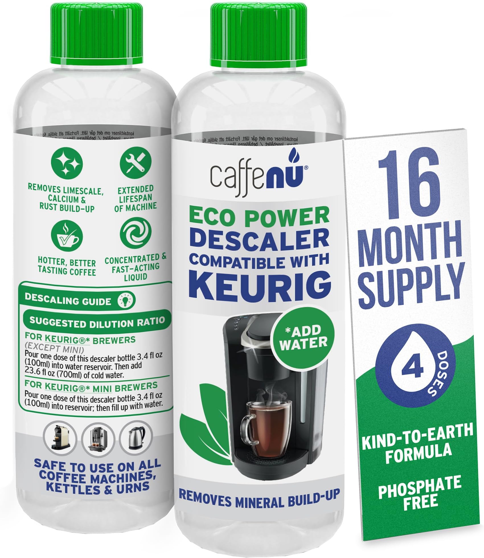 Keurig Compatible Descaling Solution. 2 Bottles of Descaler Solution. Descaling Kit Removes Limescale For Hotter Coffee. 4 Uses Descaler For Keurig Coffee Makers.