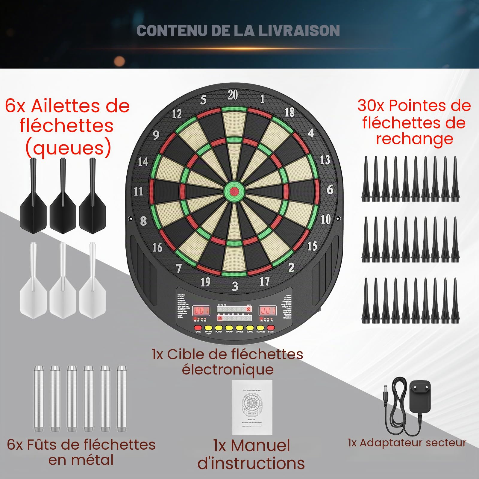 Cible de Fléchettes Électronique Professionnelle avec 6,33 Jeux & 271 Options, Écran LCD, 8 Joueurs Max