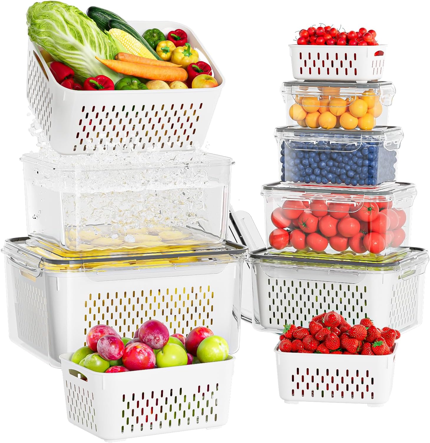 6 Pcs Large Fruit Containers For Fridge, Airtight Food Storage Containers with Removable Colander, Dishwasher & Microwave Safe, Berry Produce Container Keep Vegetable, Fruit, Meat Fresh Longer