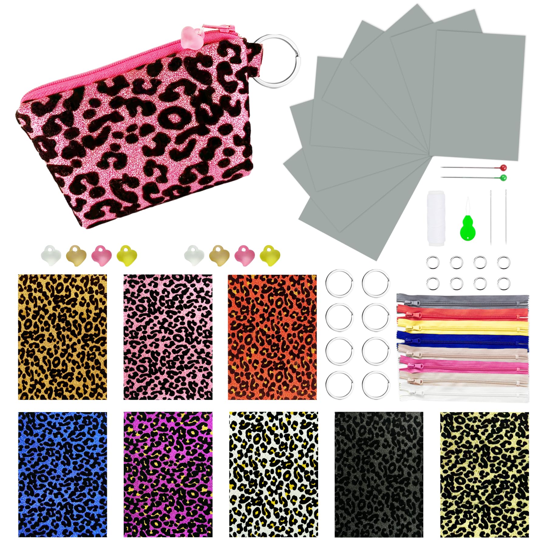 AOUXSEEM Sewing Kit for Beginners Learning to Start Small Pouch Zipper Bag Fabric Project, Coin Purses Pen Cases Making Kit DIY Crafts Supplies for Women Girls (Leopard,8 Set)