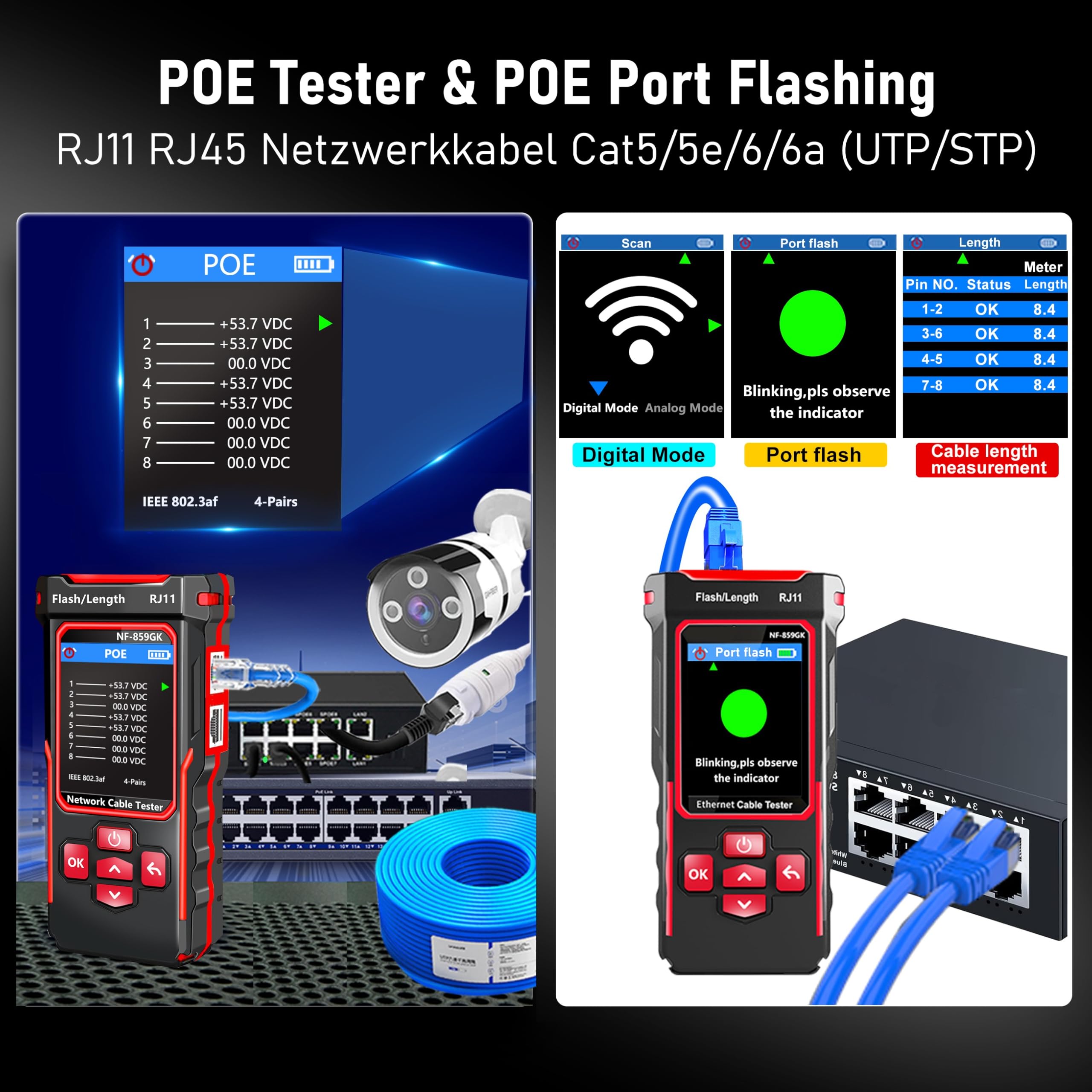 NF-859GK Netzwerk-Kabeltester TDR Multifunktional mit IP-Scan/VFL/PING/POE/CAT5 CAT6 CAT7 /RJ45 RJ11 Kabeltester für Telefonleitungen Ethernet-Kabeltester LAN-Netzwerktester