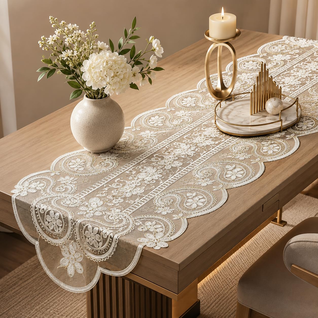 White Gold Floral Embroidered Table Runner for 6-Seater Dining Table (16x72 Inch) | Premium Polyester Organza with Cutwork | Wrinkle-Resistant for Weddings, Parties & Daily Use-picture-10