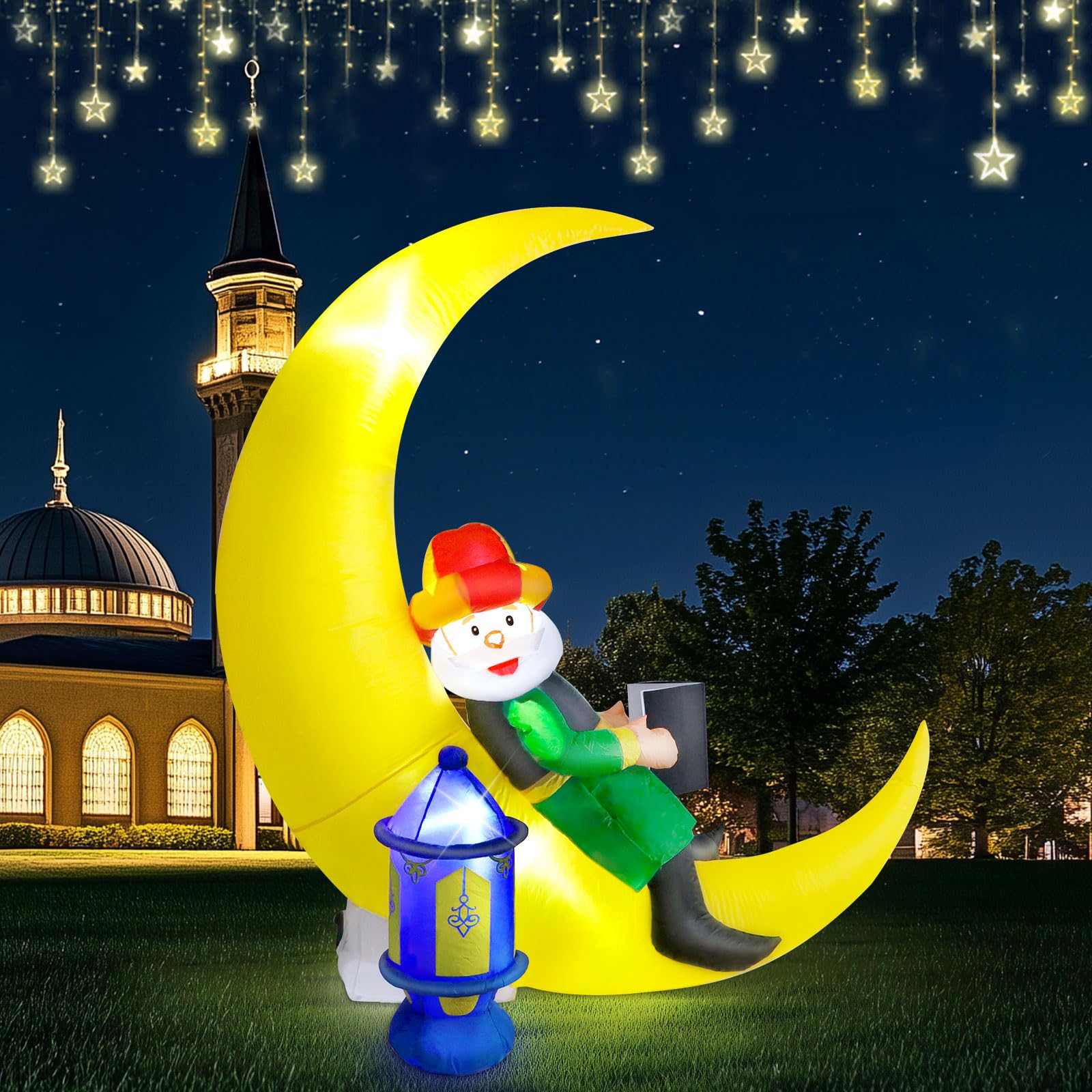 Ramadan Inflatable Decorations 5.8Ft, Eid Mubarak Moon + Ramadan Lantern Inflatable with 4 Bright LED Lights, Eid Mubarak Muslim Holiday Outdoor Yard Decorations