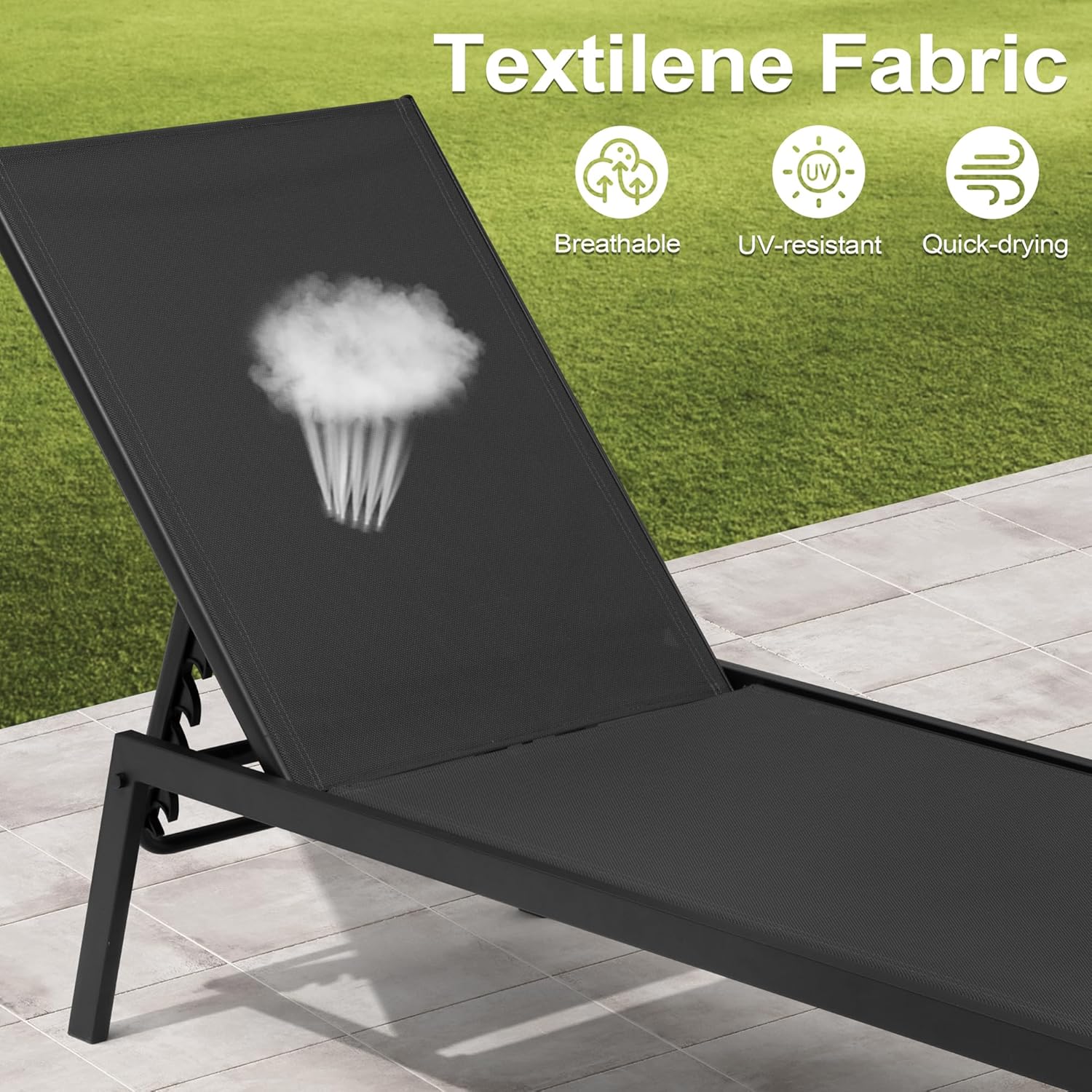 Crestlive Products Stackable Outdoor Chaise Lounge Chairs Set of 4 with 5-Position Adjustable Back for Patio, Beach, Yard, Pool (Black)