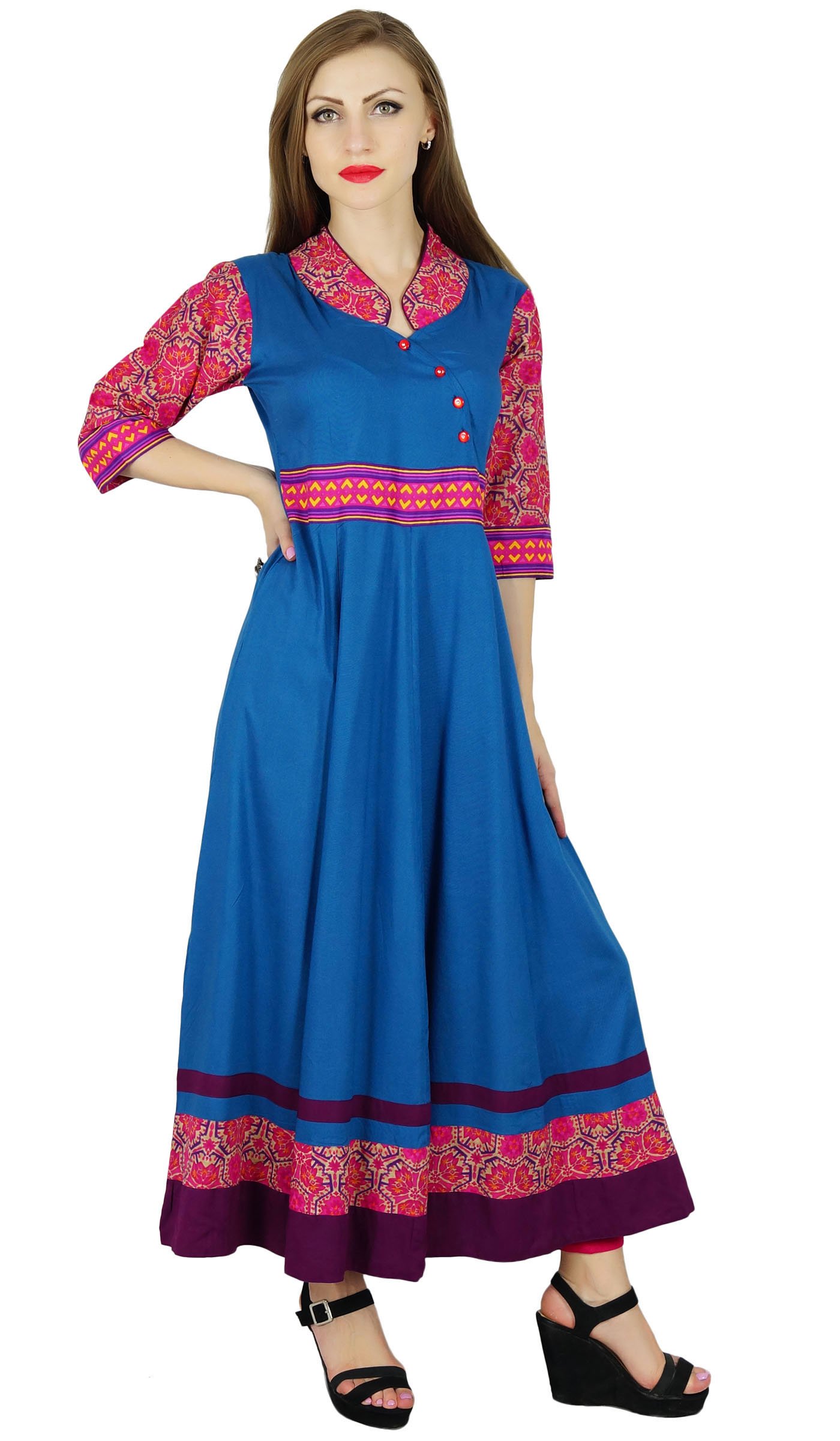 Bimba Women Blue Flaired Anarkali Kurta Kurti Casual Chic Indian Blouse Gift