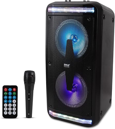 Pyle Altavoz Bluetooth y sistema de megafonía Sistema de karaoke estéreo portátil con micrófono con cable, luces LED integradas, lectores