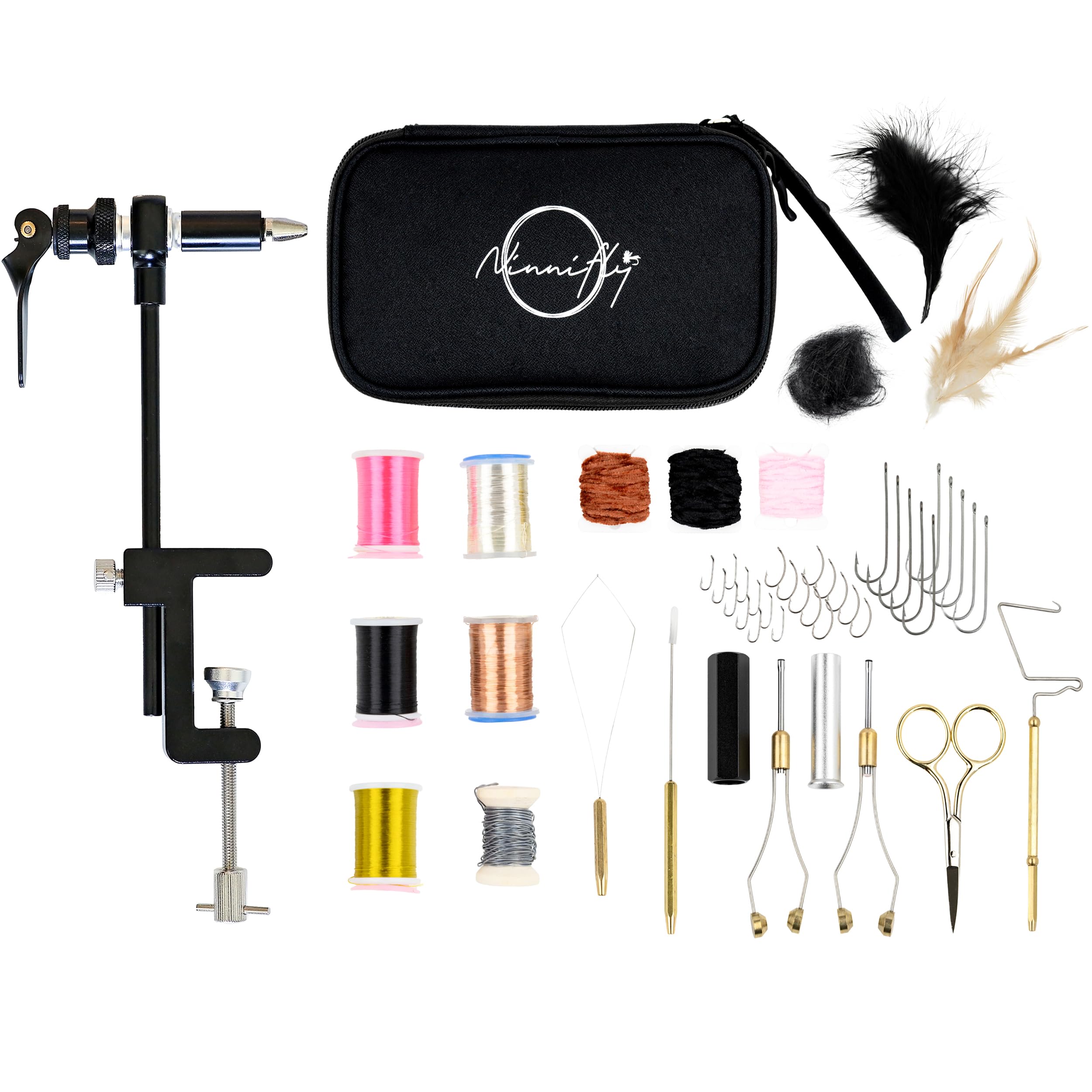 Fly Tying Kit & Rotary Fly Tying Vise for Beginners - Fly Tying Materials Kit w/60 Hooks & Travel Case | Fly Fishing Starter Kit w/Instructions | Complete Fly Tying Tools | Fly Fishing Accessories