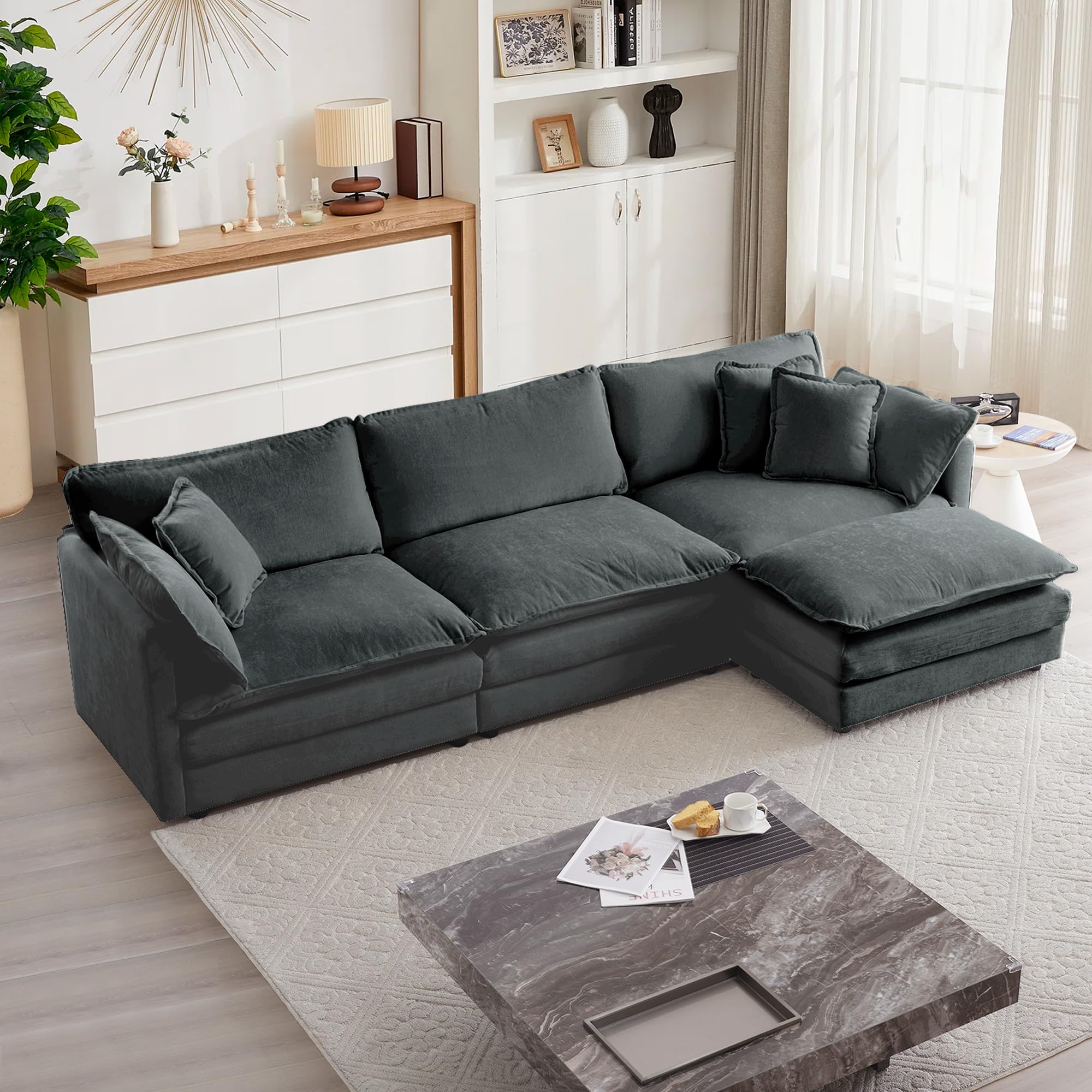 SEE DESCRIPTION Modular Sectional Sofa, 111.5 Inch L Shaped Couch Set for Living Room, 3-Seater Comfy Cloud Couches with Movable Ottoman, DIY Combination, Chenille, Grey