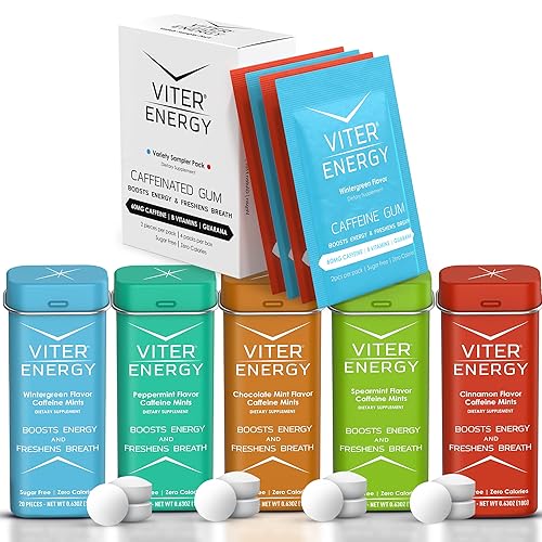 Viter Energy Paquete variado de gomitas de cafeína y menta original de 5 sabores de cafeína, paquetes variados Cafeína, vitaminas B, sin azúcar,