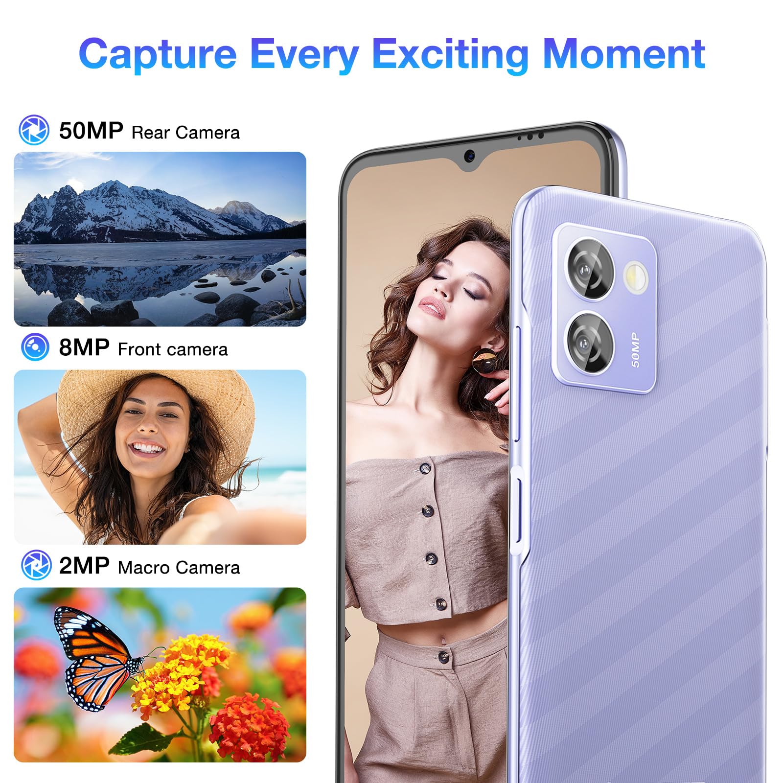 DOOGEE N50 Pro Smartphone Android 13, 20GB+256GB/TF1TB, 6.52" HD+Telefono Cellulare, Octa-Core, 4200mAh, 50MP+8MP, 4G Dual SIM Telefono, Fingerprint/Face ID/GPS/Modalità Panorama/Tipo C/OTG,Viola