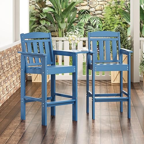 Miniatura 2 de Soohow Juego de 2 sillas Adirondack altas Adirondack de polietileno de alta densidad con bandeja de conexión, silla Adirondack de altura de barra,