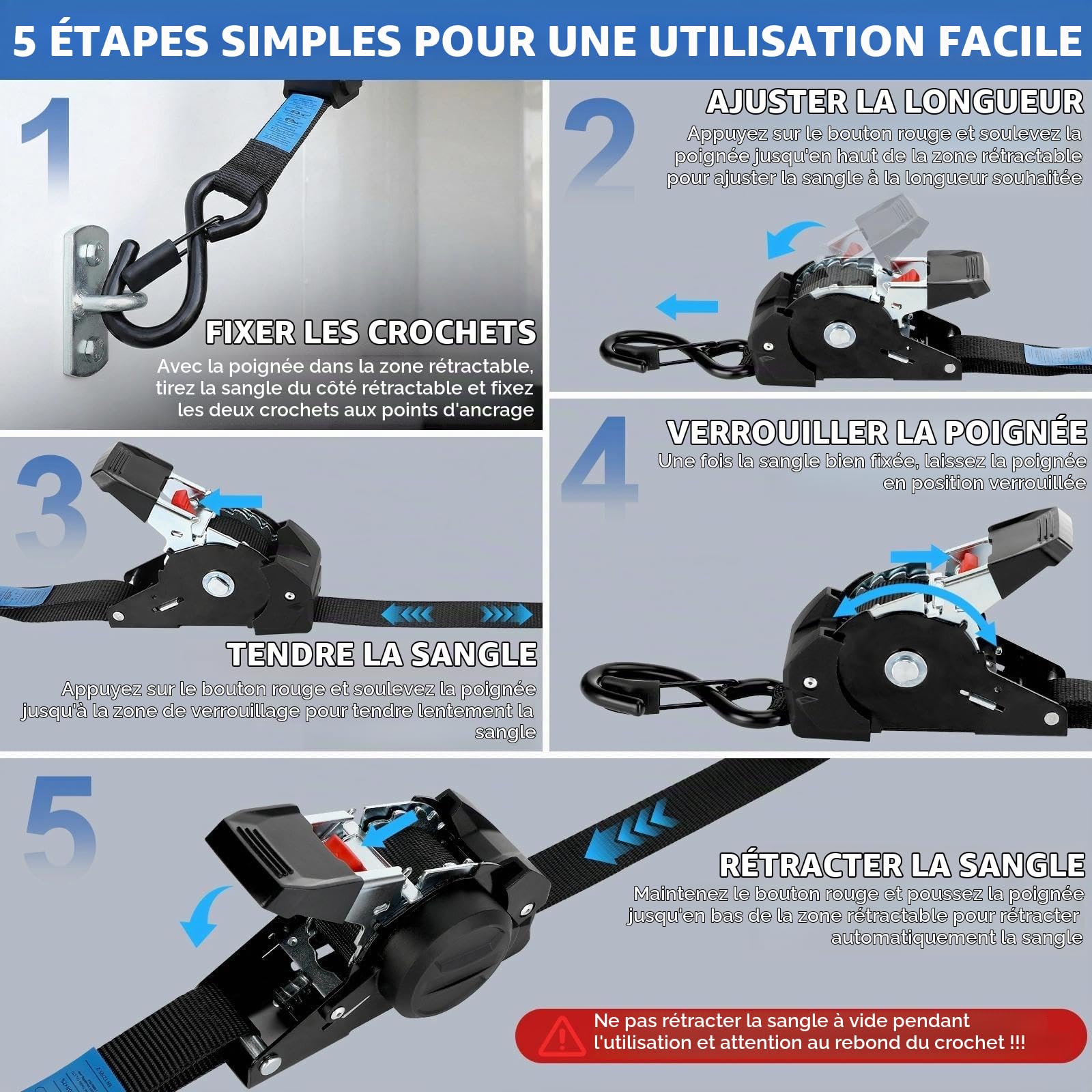 Lot de 4 Sangles à cliquet rétractables, Sangle Moto remorque, Noir | 3m 25mm d'arrimage à rétraction Automatique, avec Crochets en S, 700KG de résistance à la Rupture, pour Camion, Moto, Vélo