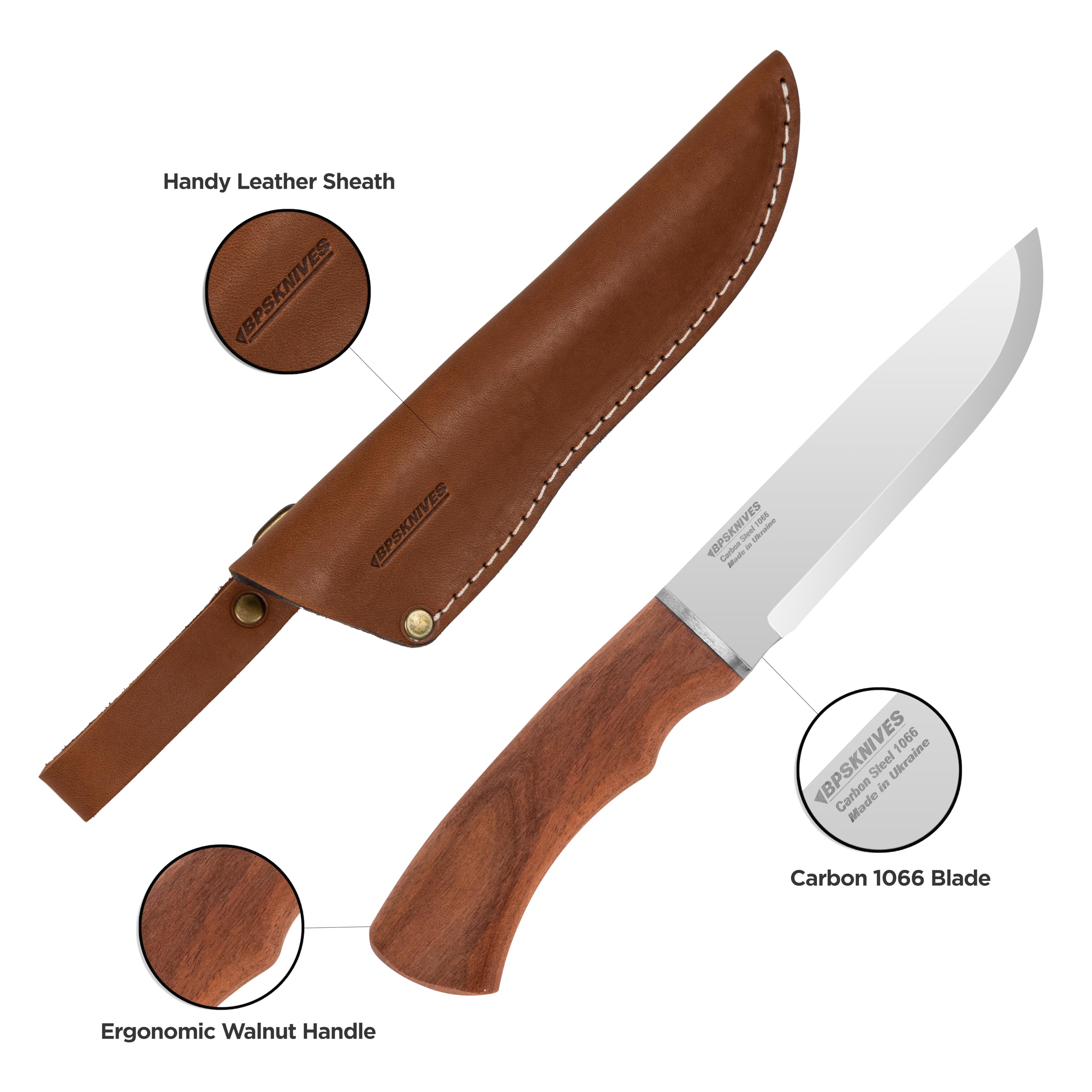 BPS Knives BK06 Camp Knife With Leather Sheath - Large Hunting Outdoor Knife Fixed Blade Carbon Steel Camping Knife Scandi Grid Hard Wood Walnut Handle Knives With Sheath