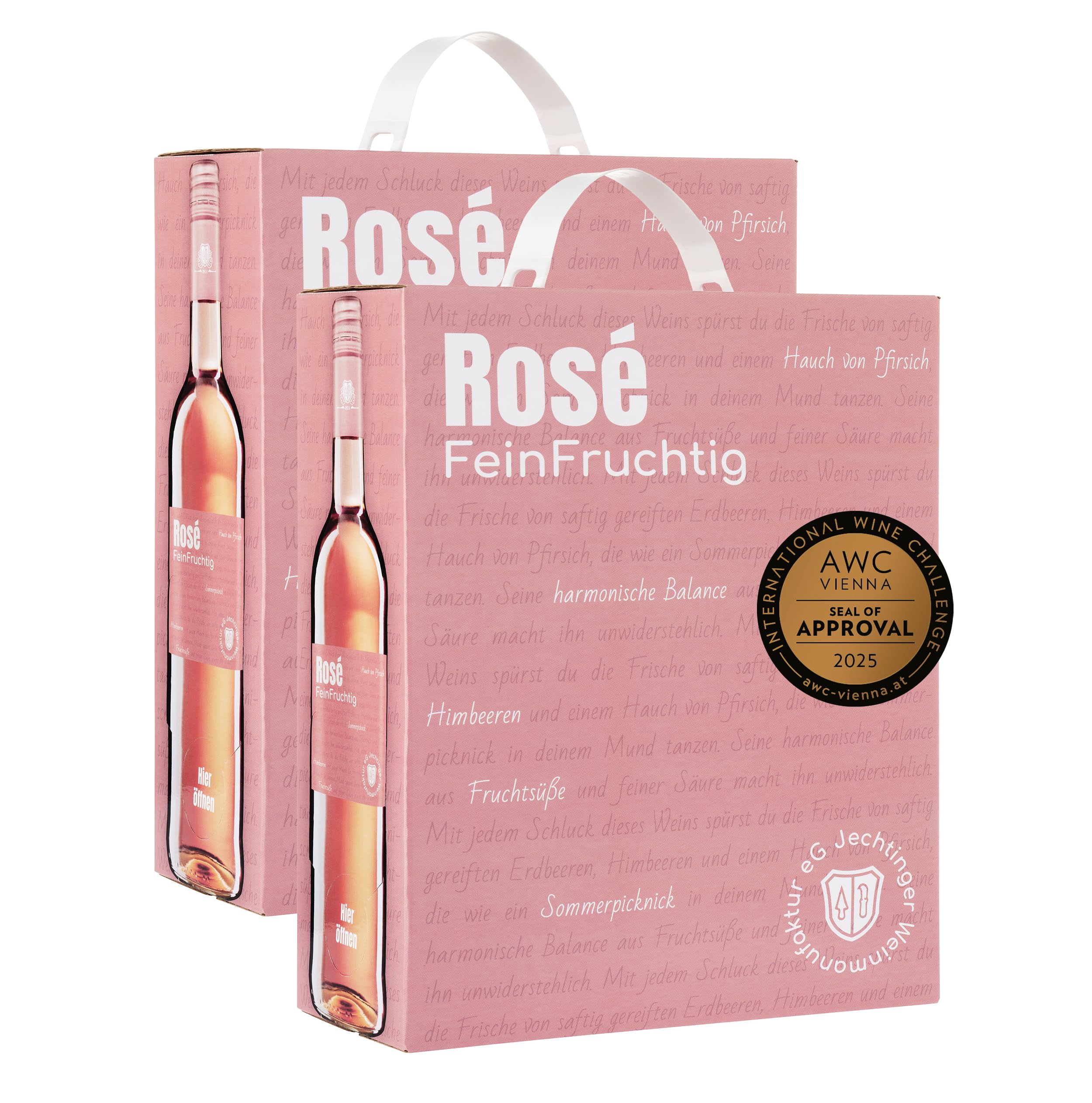 Jechtinger Roséwein FeinFruchtig 3 Liter Wein-Box – BRONZE AWC Vienna – Spätburgunder Rosé fruchtig & lebendig mit Aromen nach Erdbeere & Pfirsich – Anbaugebiet Kaiserstuhl (2 x 3,0 l Bag-in-Box)