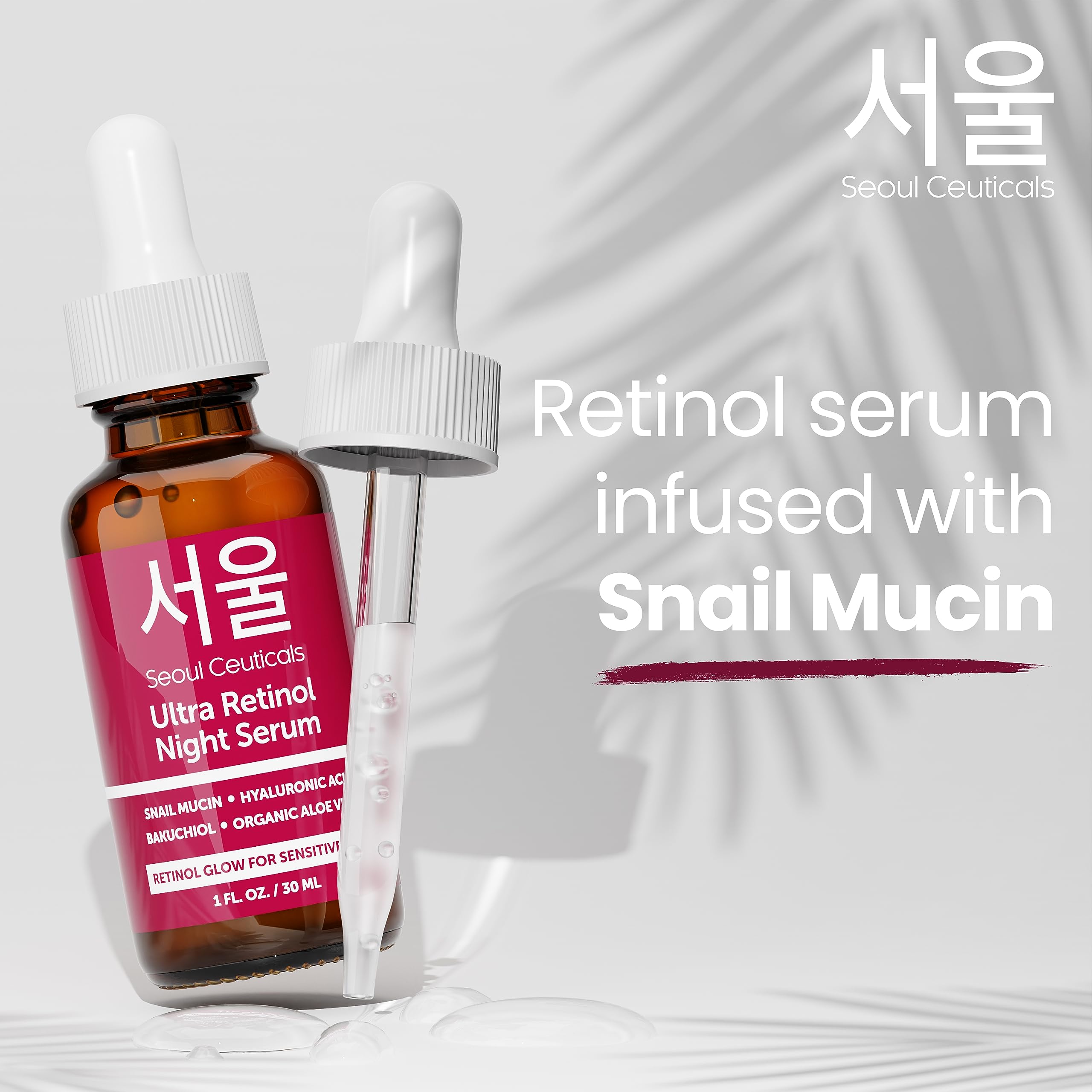 SeoulCeuticals Korean Retinol Night Serum + Retinol Night Cream for Face + 97.5% Snail Mucin for Sensitive Skin
