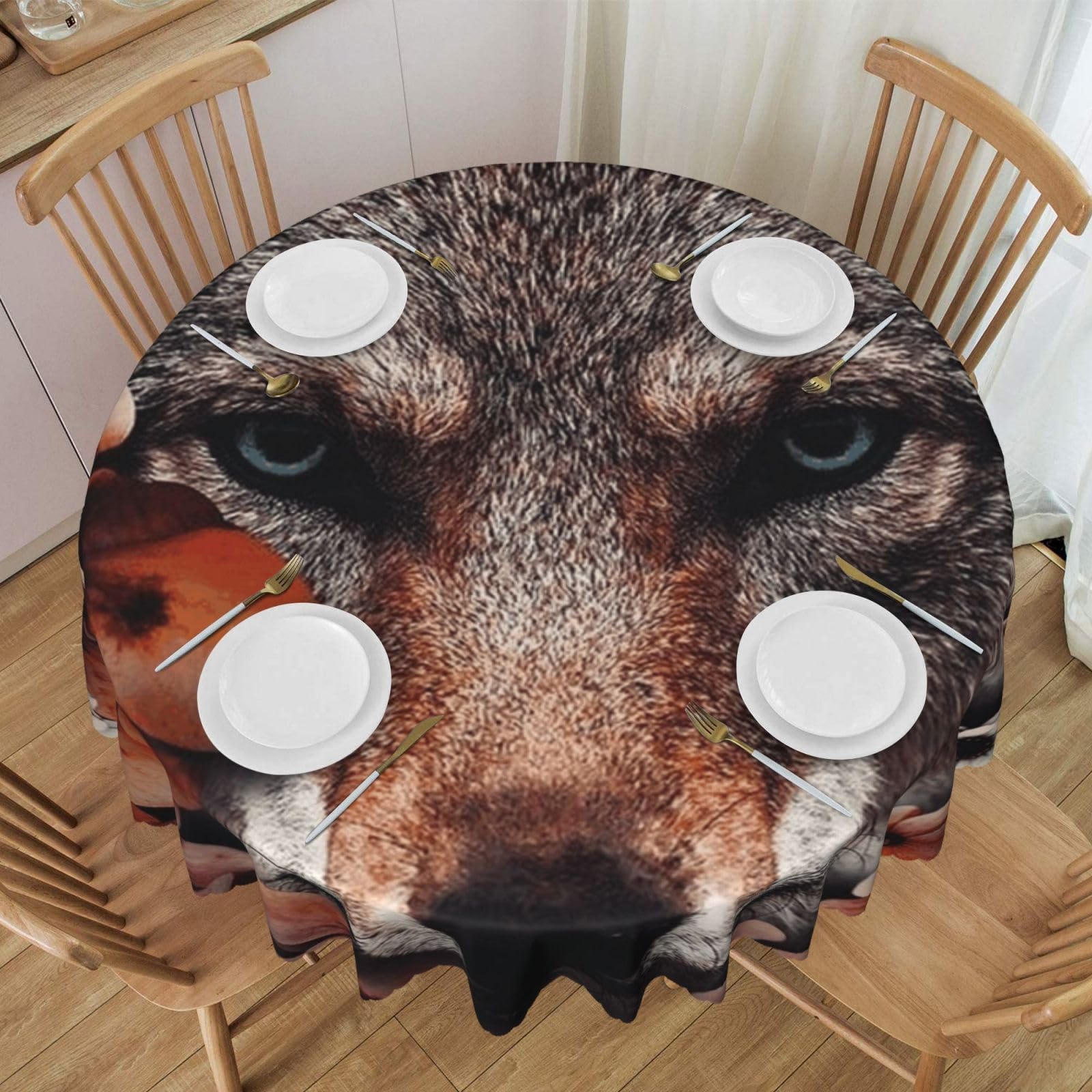 DCEHGEW 60 In Round Tablecloth with Lace, Wolf and leaves Printed Oilproof & Washable Fabric Picnic Table Cloth Table Covers