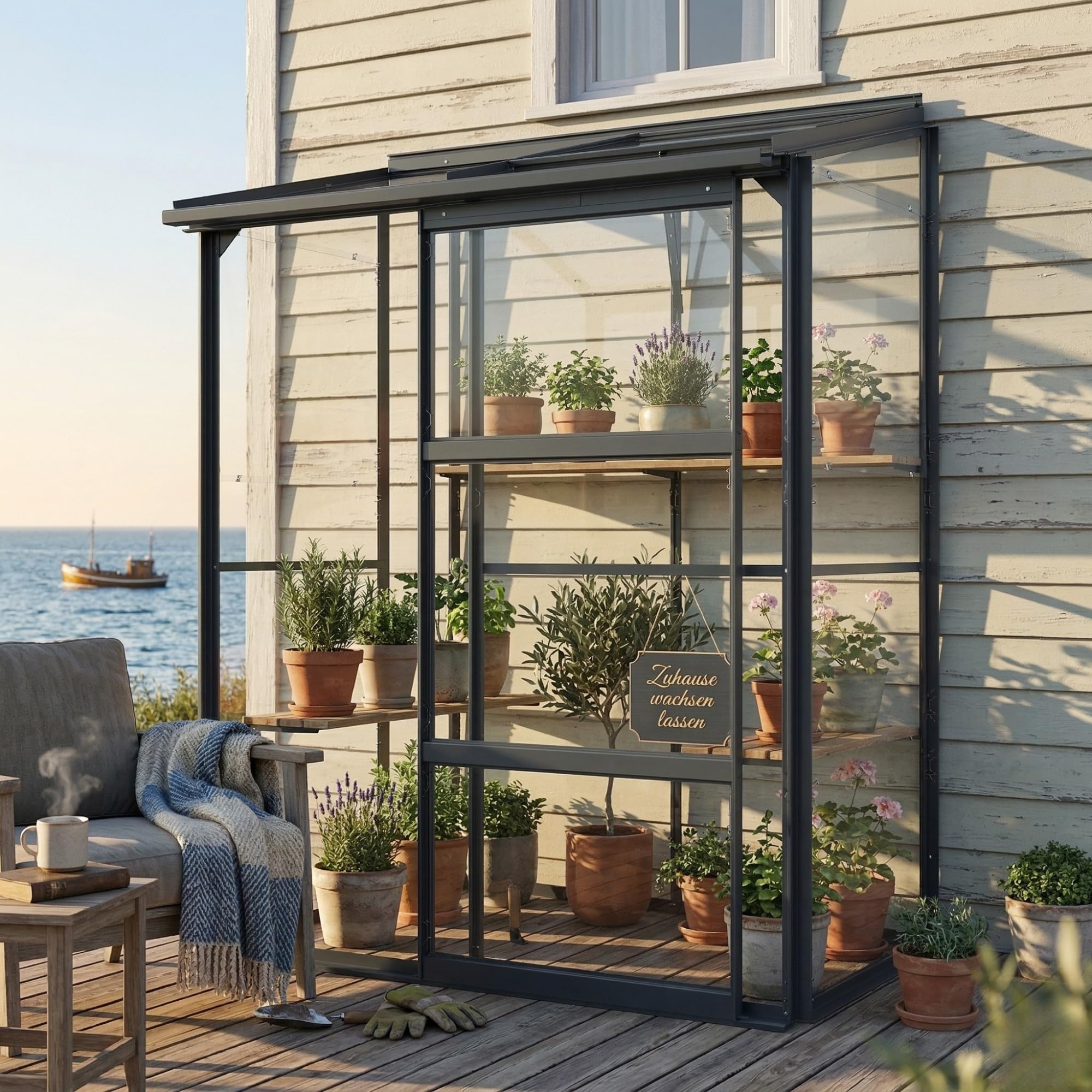 Gewächshaus Glas 0,9 m² Aluminium Rahmen mit Schiebetür | Premium Wand-Gewächshaus schwarz Temperaturkontrolle Aufstellfenster | Tomaten- und Anzuchtgewächshaus 130 x 68 x 173 cm (B x T x H)
