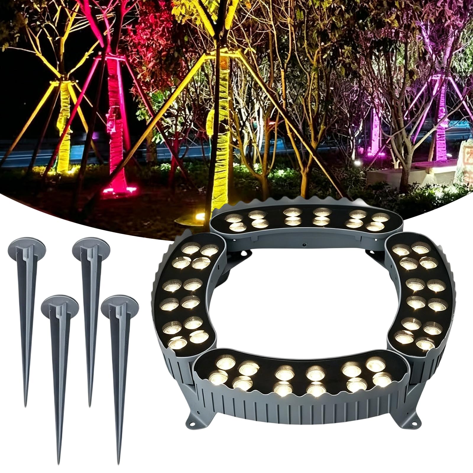 LLELEMAMO LED Ring Tree Light - Outdoor Waterproof Landscape Spotlight Curved Flood Light Tree, Die Cast Aluminum Heavy Duty Ring Spotlight for Yard Garden Pathway Trunk wrap (Warm White,4 Pcs (48W))