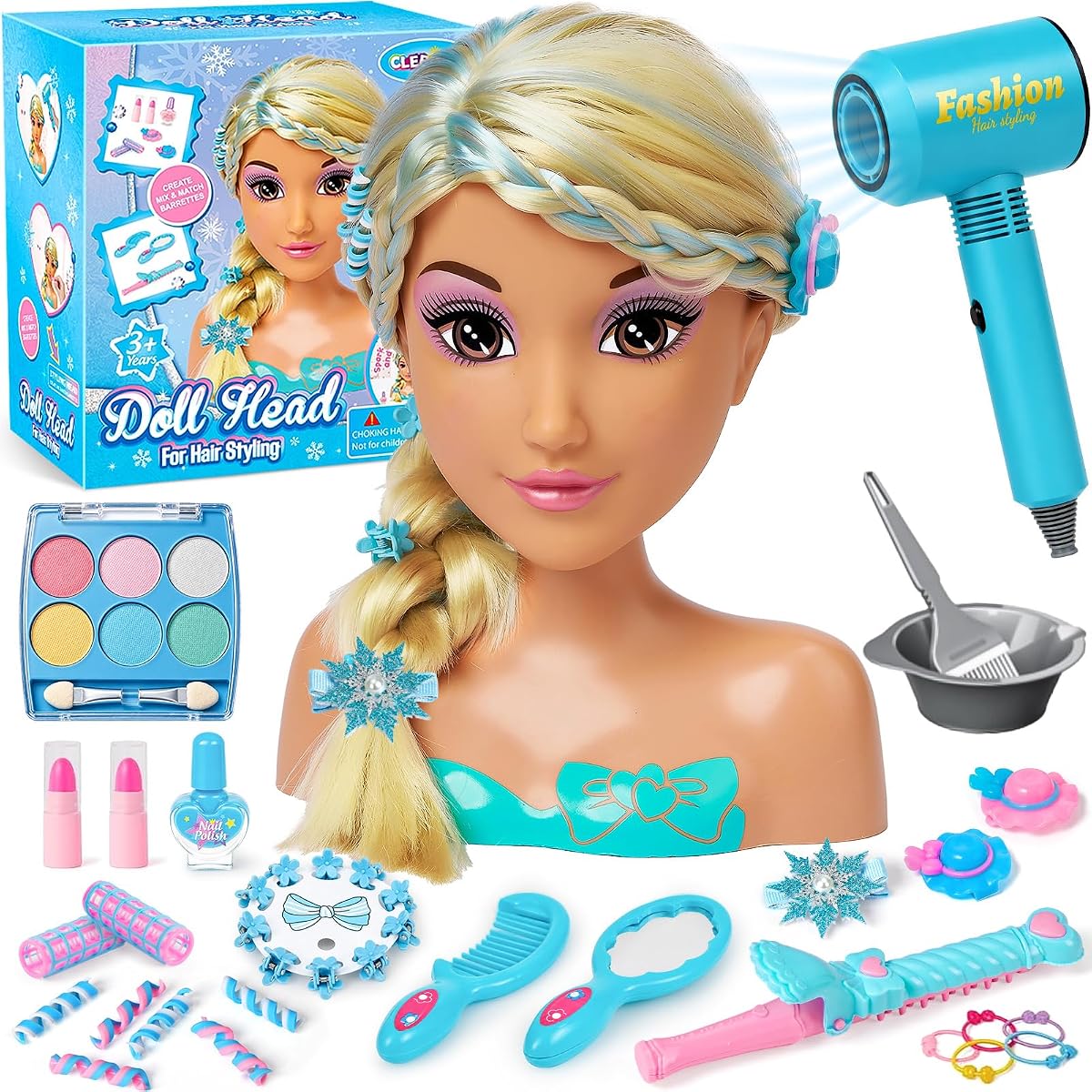 Cleboen Doll Head for Hair Styling Kids, Beauty Salon Set with Makeup Kit | Includes Hair Dryer, Straightener & Hair Accessories, Pretend Play Princess Stylist Toy Birthday Gift for Girls Ages 3-10