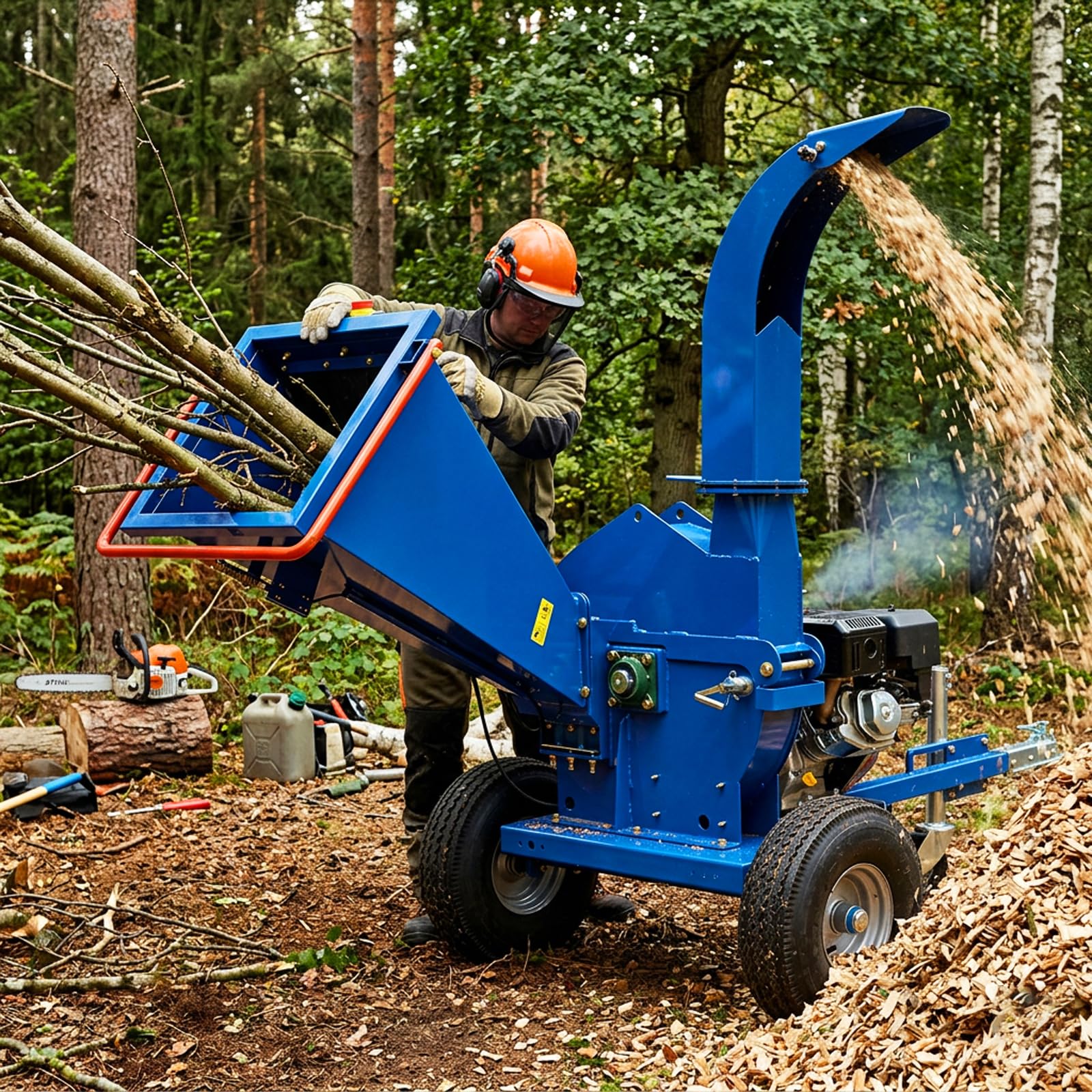 15HP Gas Wood Chipper 6-Inch 420cc E-Start Towable in Black+Blue_1 with 2'' Coupler Jockey Wheel for Landscaping Projects