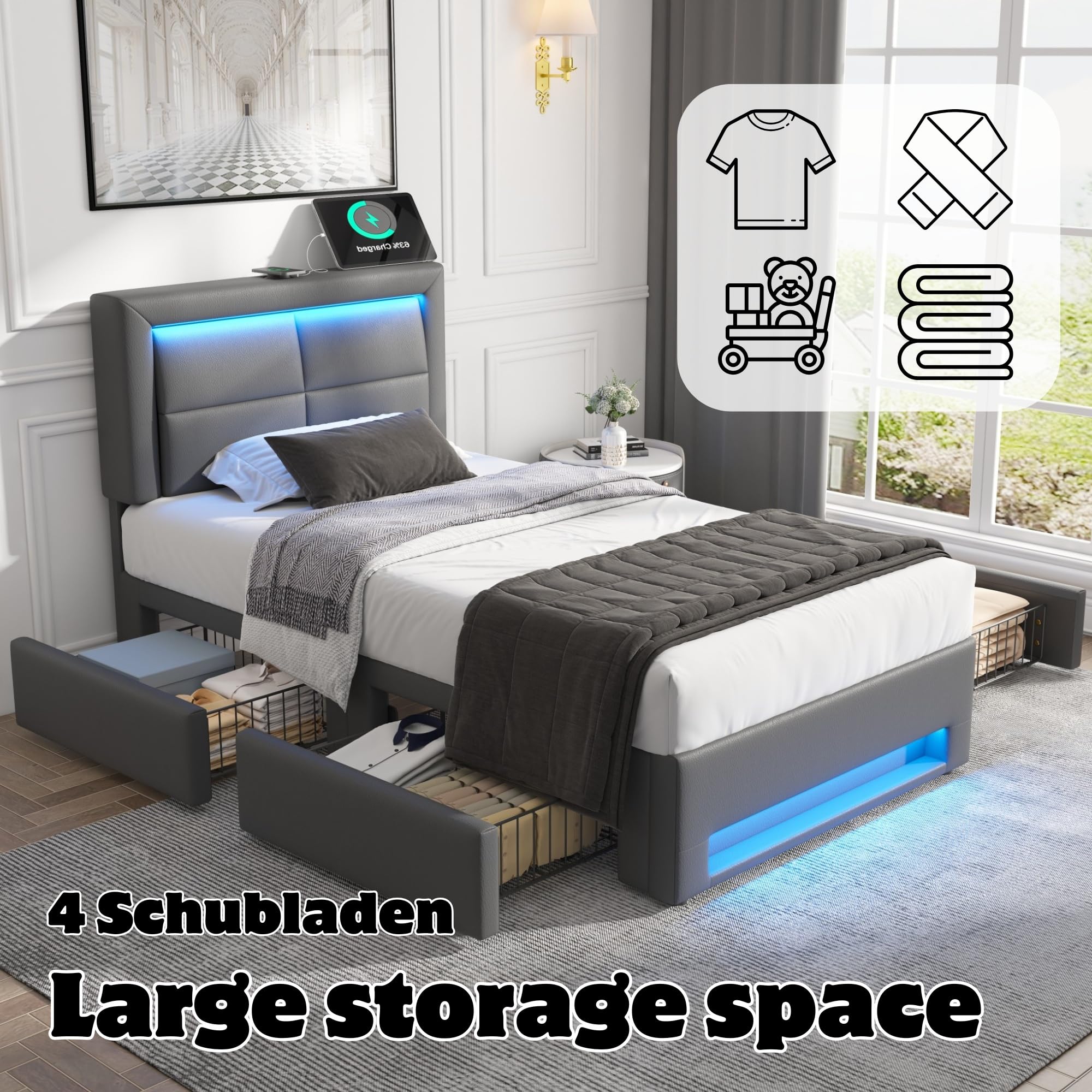 Letto imbottito con porta USB, illuminazione a LED, 90 x 190 cm, 4 cassetti, in pelle PU, grigio, ricarica wireless e cablata, rete a doghe