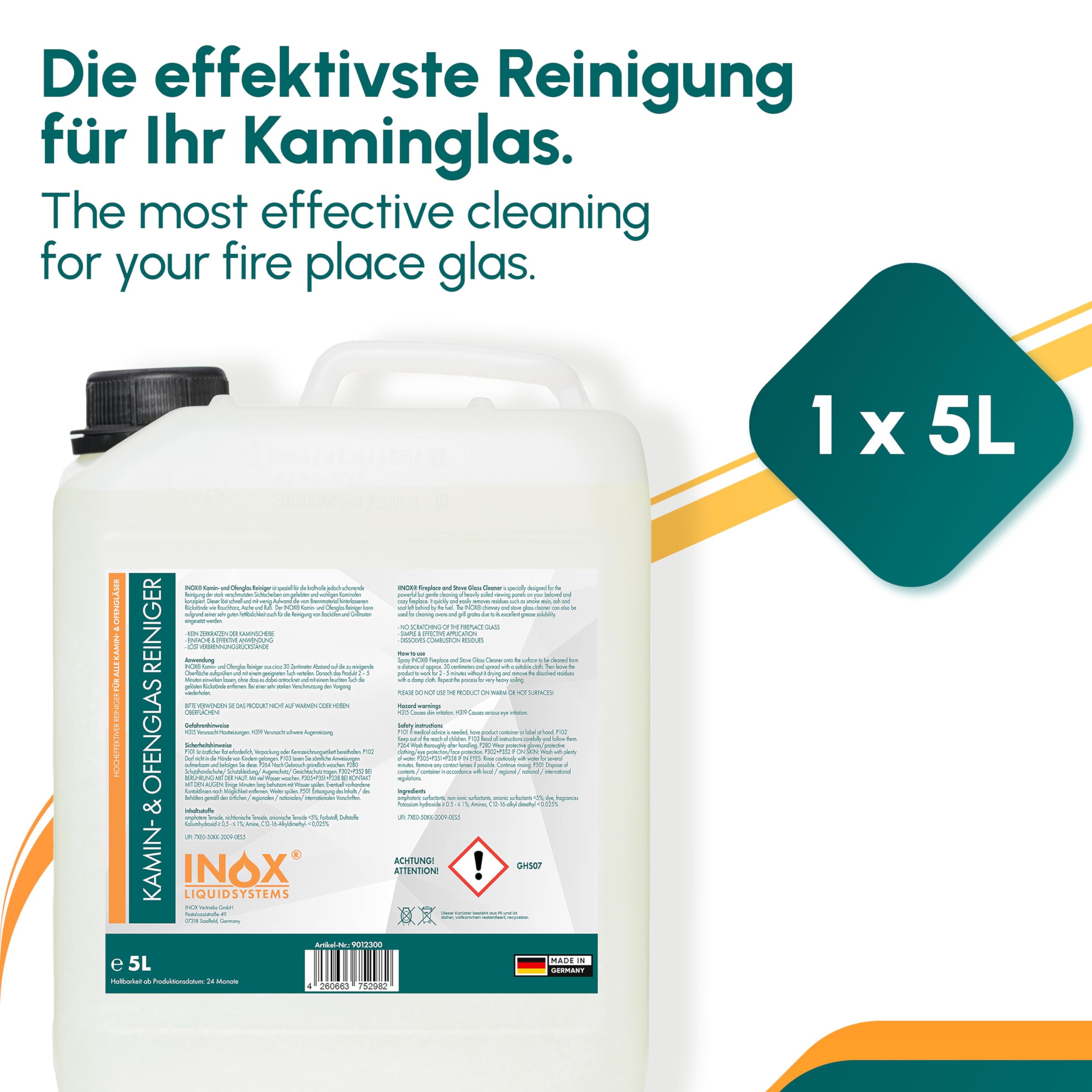 INOX® - Starker Kaminscheibenreiniger 5L Kanister | Perfekter Entrußer für Ihren Kaminofen | Ofenglasreiniger - entfernt Ruß, Rauchharz, Öl, & Fett auf Backofenscheiben