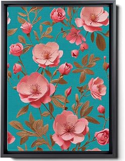 Pink Flowers On Turquoise Background Mid-Century Illustration Style Asymmetrical Frame Nature-Inspired Image Framed Naturalist, Arts