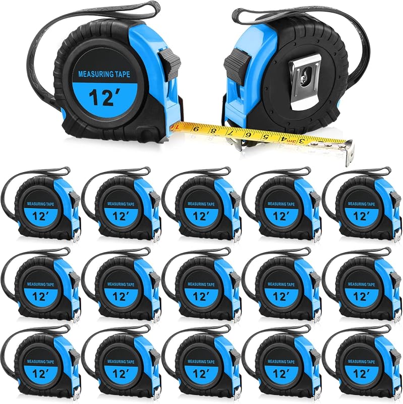 20 Pieces Easy Read Measuring Tape Bulk 12 FT Retractable Measuring Small Tape with Pause Buttons for Engineer Contractors, Autowind and Lock, Blue
