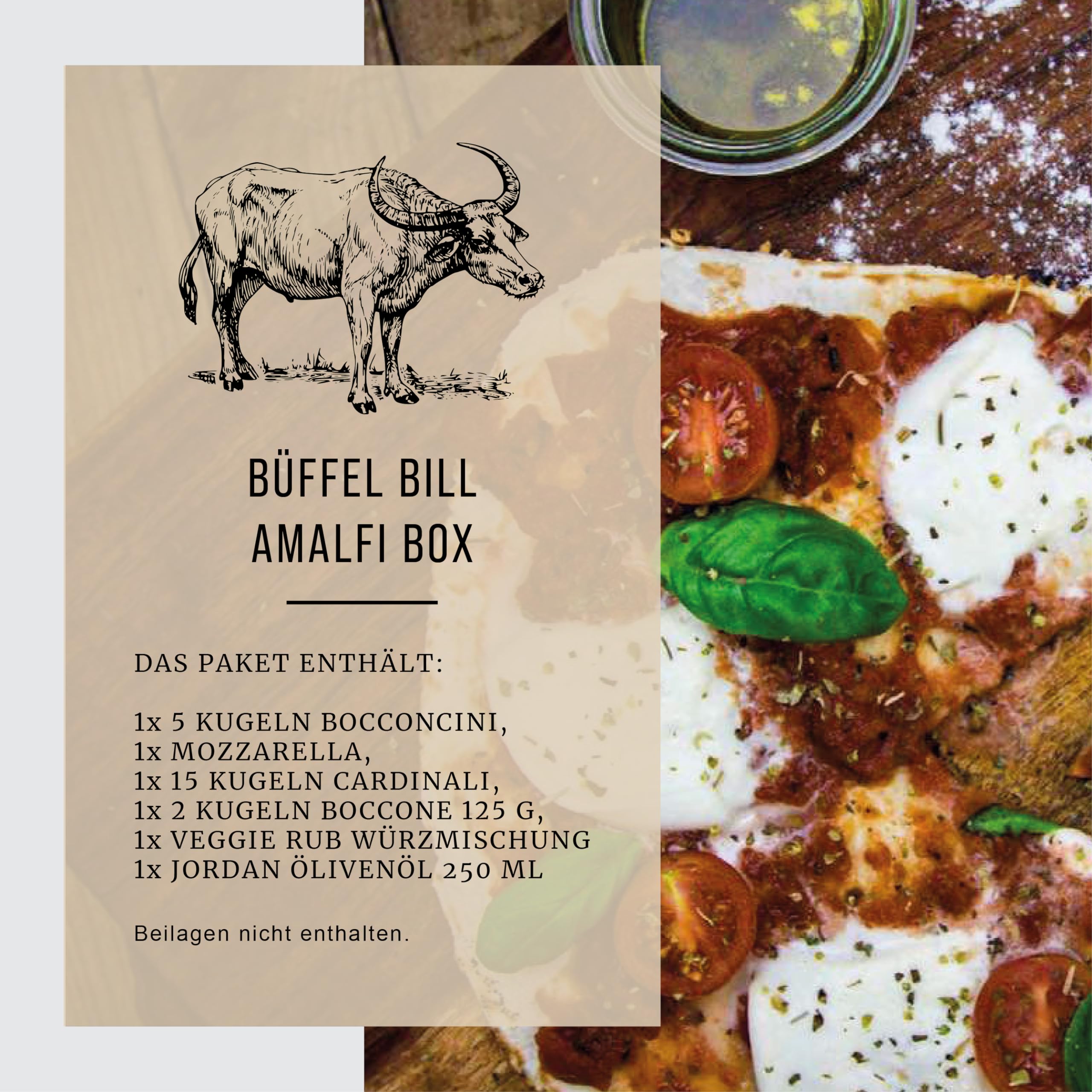 Büffel Bill Amalfi Box I Büffelmozzarella für Genießer I Vom italienischen Wasserbüffel I Mozzarella, Cardinali, Bocconcini I Dazu Olivenöl & Gewürz