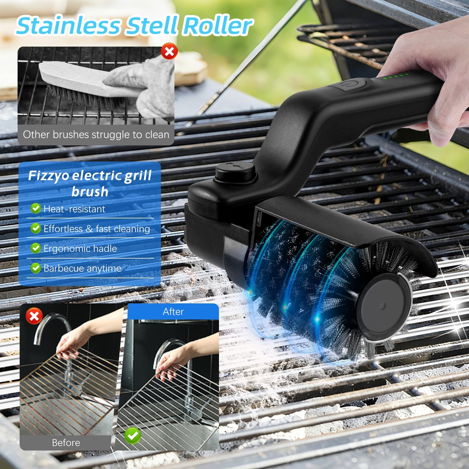 ZVD Pulisci Griglia BBQ Elettrico, Spazzola Ricaricabile per la Pulizia Del Griglia Senza Fili con 3 Velocità e 2 Testine, 180° Regolabile Setole Acciaio Inox Strumento di Pulizia per BBQ Griglia (#1)