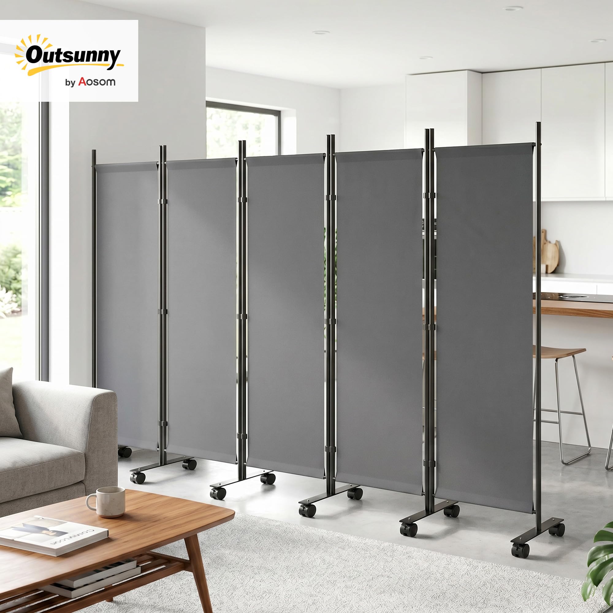 Outsunny Paravent 5 Panneaux 252 x 170 cm Pliant Intérieur Gris Foncé