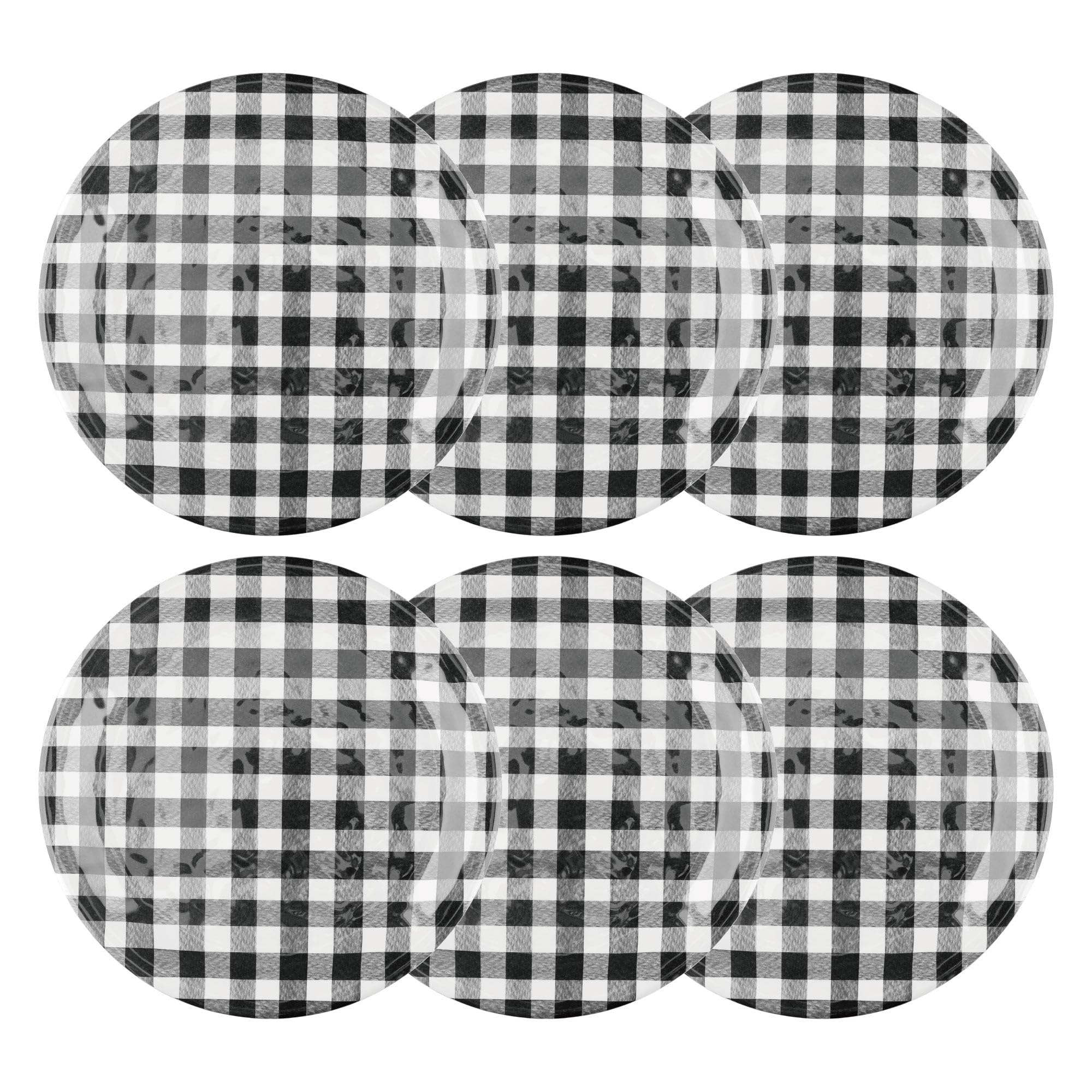 UPware Gingham Melamine Salad Plate Set, Round Plates for Risotto, Pasta, and Salad, BPA-Free, Dishwasher Safe, Black, 9 Inch, Set of 6