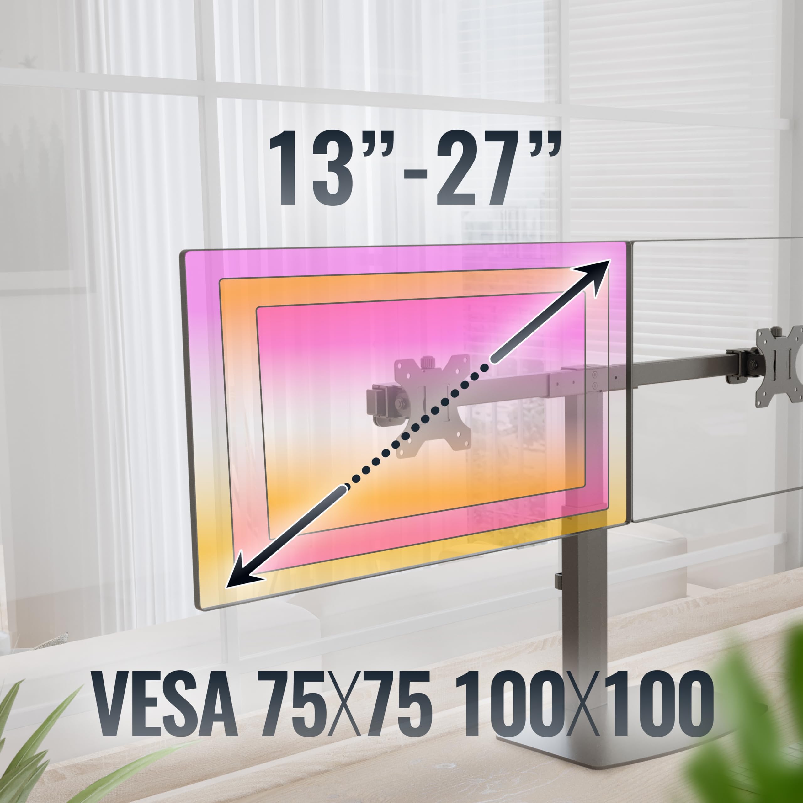 RICOO TS4111 Dual Support Écran PC 2 Écrans 13 17 19 22 24 27 Pouces VESA 75x75 100x100 Ressort à gaz Orientable Inclinable Rotatif Universel Socle Moniteur sur Pied