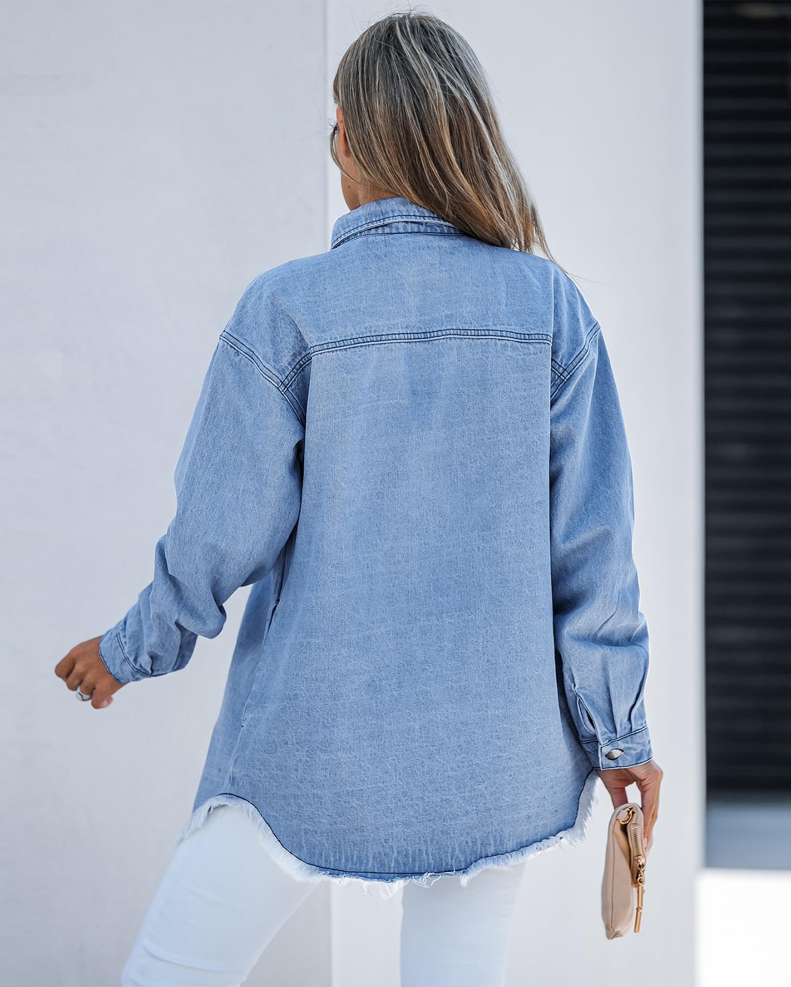 Vetinee Jeansjacke Damen Oversize Langarm Ripped Jean Jacken mit Tasche