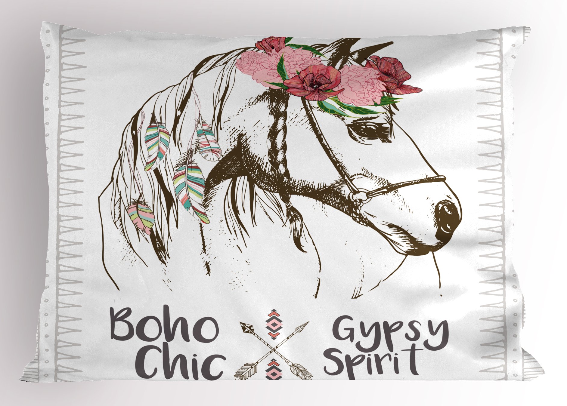 Ambesonne Animal Pillow Sham, Boho Horse Head Sketch with Flowers Colorful Feathers Gypsy Spirit, Decorative Standard Queen Size Printed Pillowcase, 30