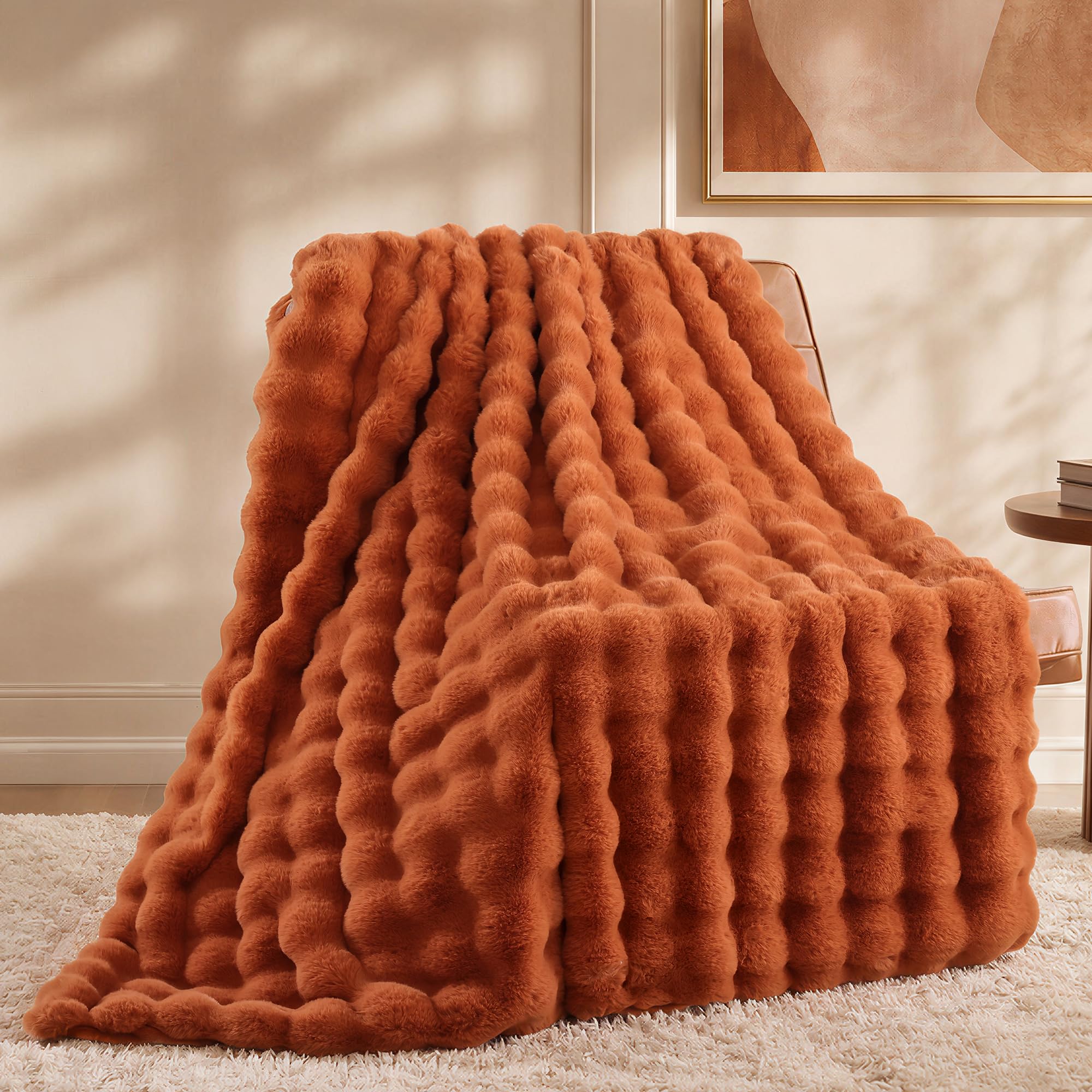 Smoofy Faux Fur Fall Throw Blanket for Couch – Burnt Orange Fluffy Cozy Rabbit Fleece, Plush Soft Bubble Blanket for Sofa & Bed, for Mom, Warm Fuzzy Home Room Decor Throw 50" x 60"